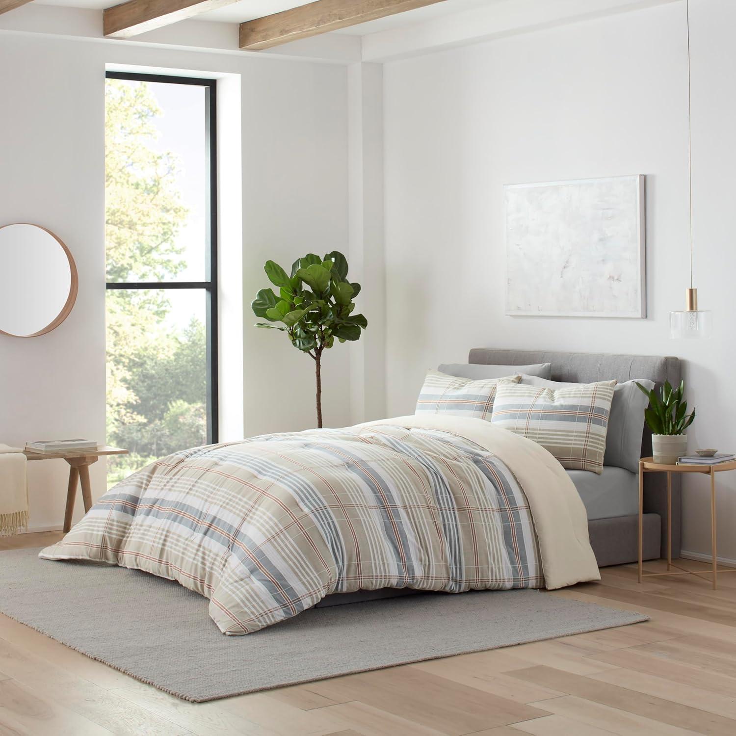 Vellux Vellux Oslo Plaid Comforter Set, 100% Cotton, Soft & Lightweight, 68x88, Taupe