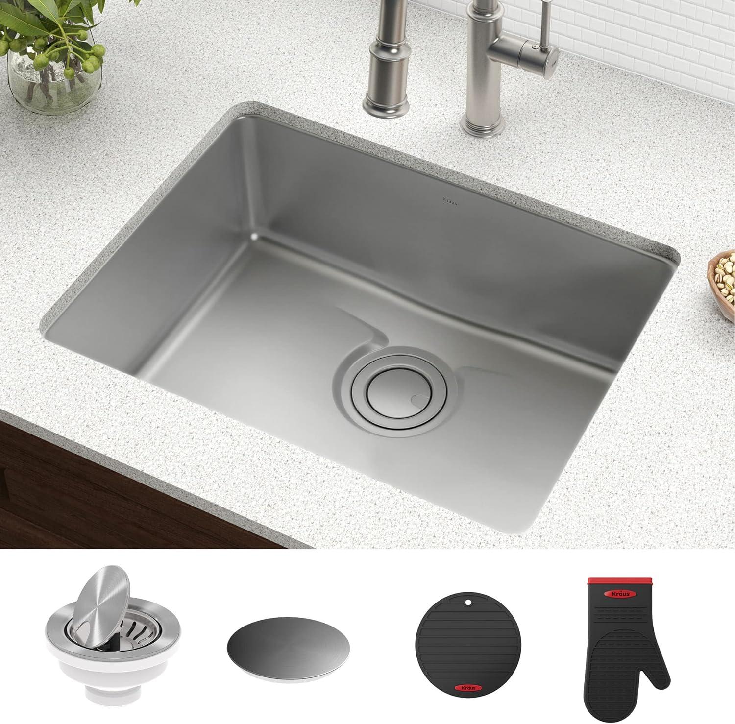 Dex™️ Series KRAUS 25-inch L Undermount Single Bowl TRU16 Gauge Stainless Steel Kitchen Sink with DrainAssure WaterWay