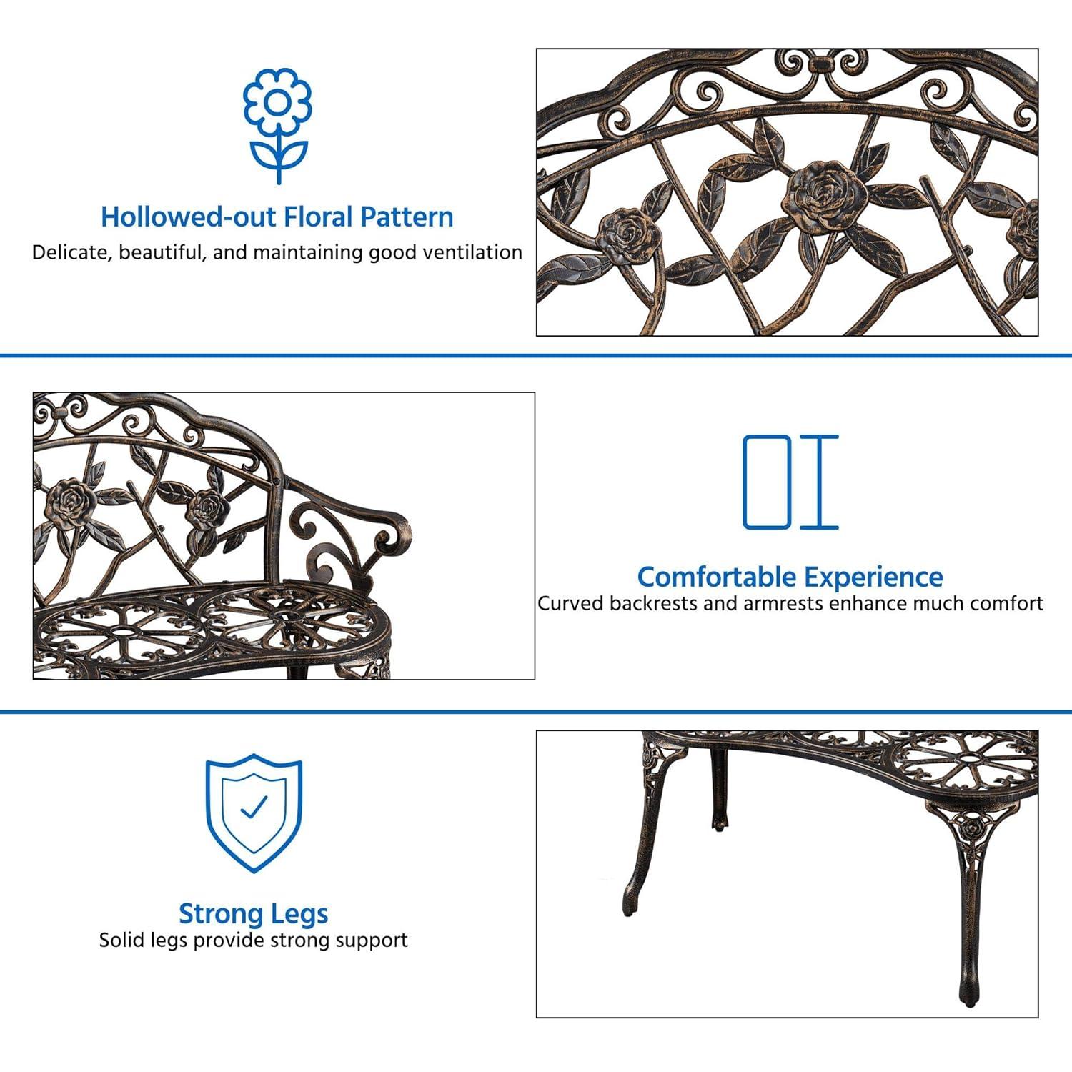 QSHIMY Patio Garden Bench Park Metal Rose Outdoor Benches, Aluminium Vintage Antique Furniture Chair Outside Benches Weather Proof Bench for Outdoor Porch, Lawn, Balcony, Backyard, Bronze