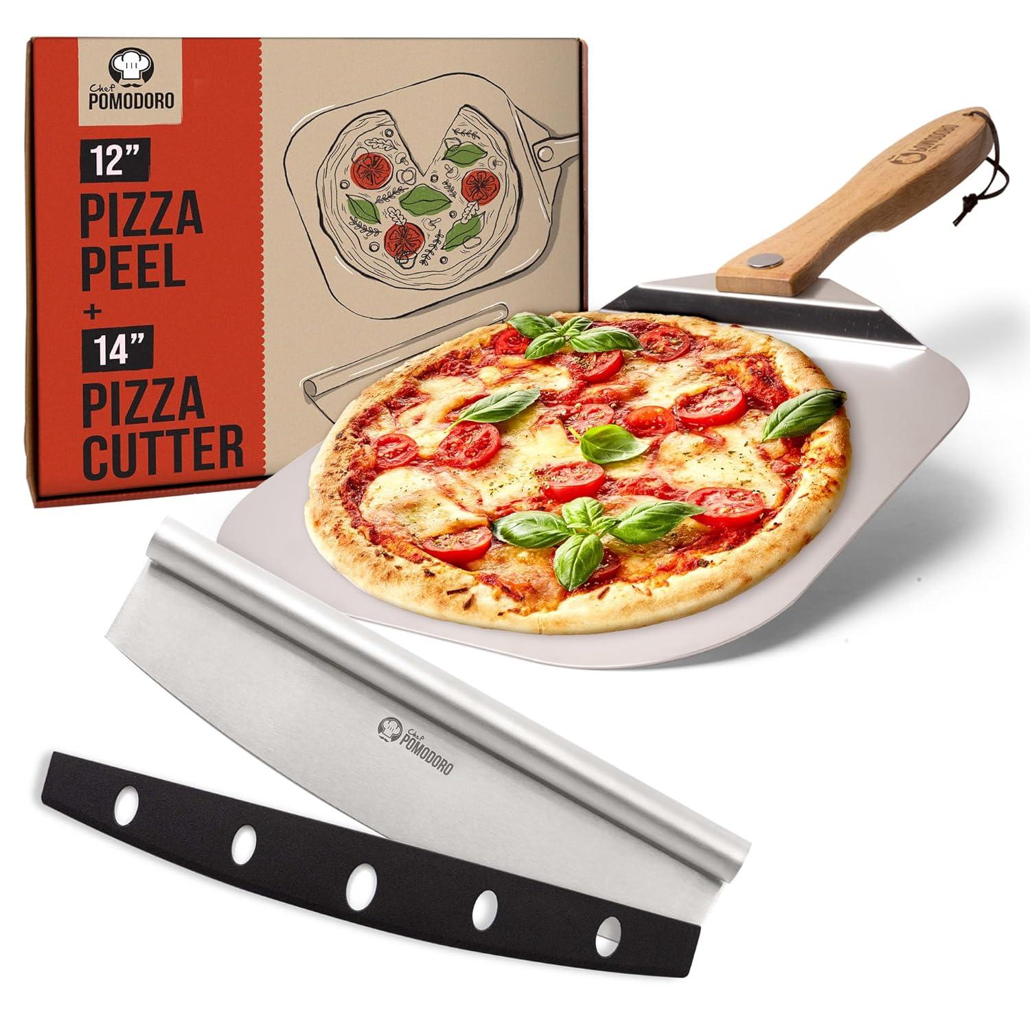 Chef Pomodoro Pizza Peel 12x14" & 14" Stainless Steel Pizza Rocker Cutter Set - Metal Pizza Peel Paddle, Pizza Spatula Paddle, Pizza Cutter Rocker Blade