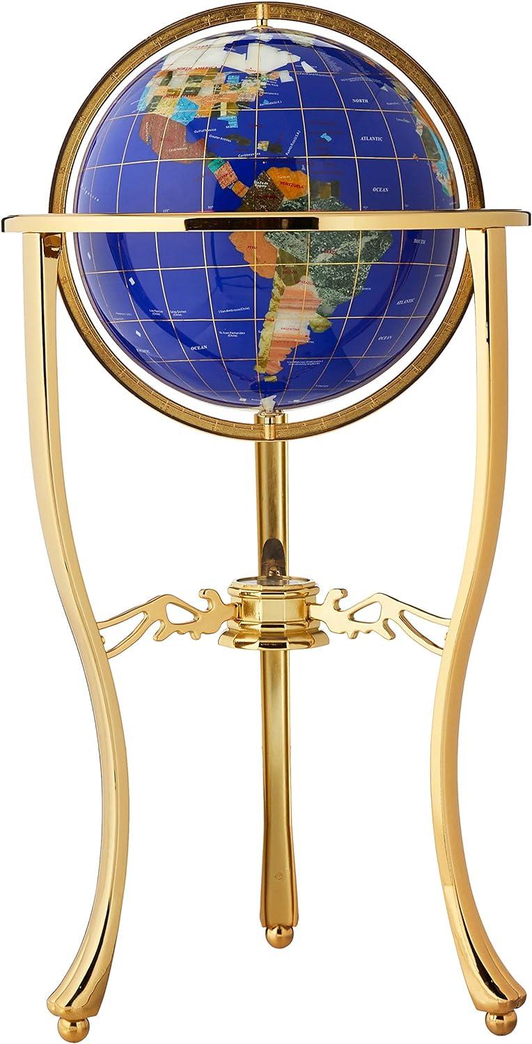 Unique Art 36-inch by 13-inch Floor-Standing Blue Lapis Gemstone World Globe Gold Tripod