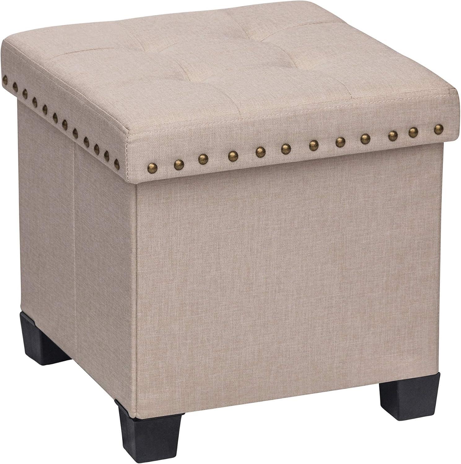 Nathan James Payton Foldable Cube Storage Ottoman Footrest and Seat with Beige Fabric