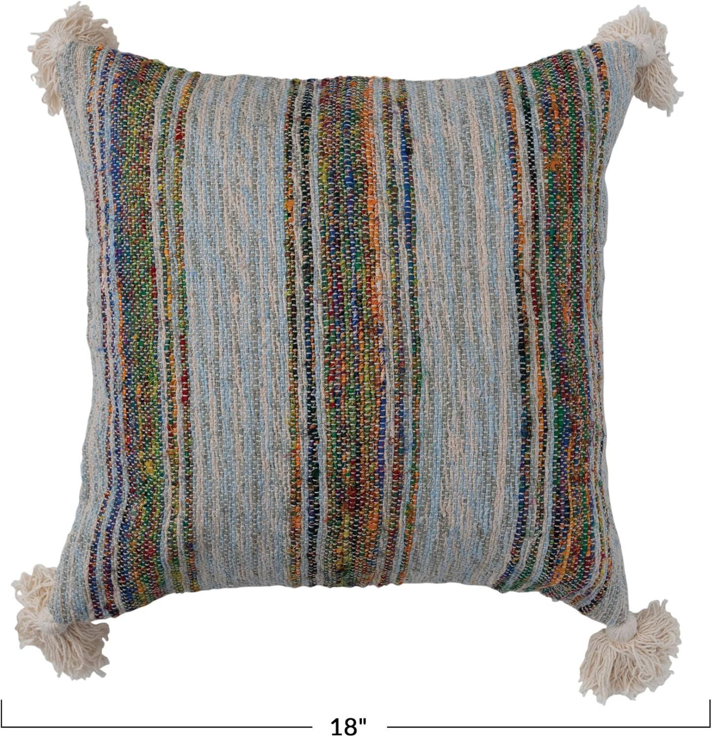 Multicolor Cotton Embroidered Square Pillow with Tassels