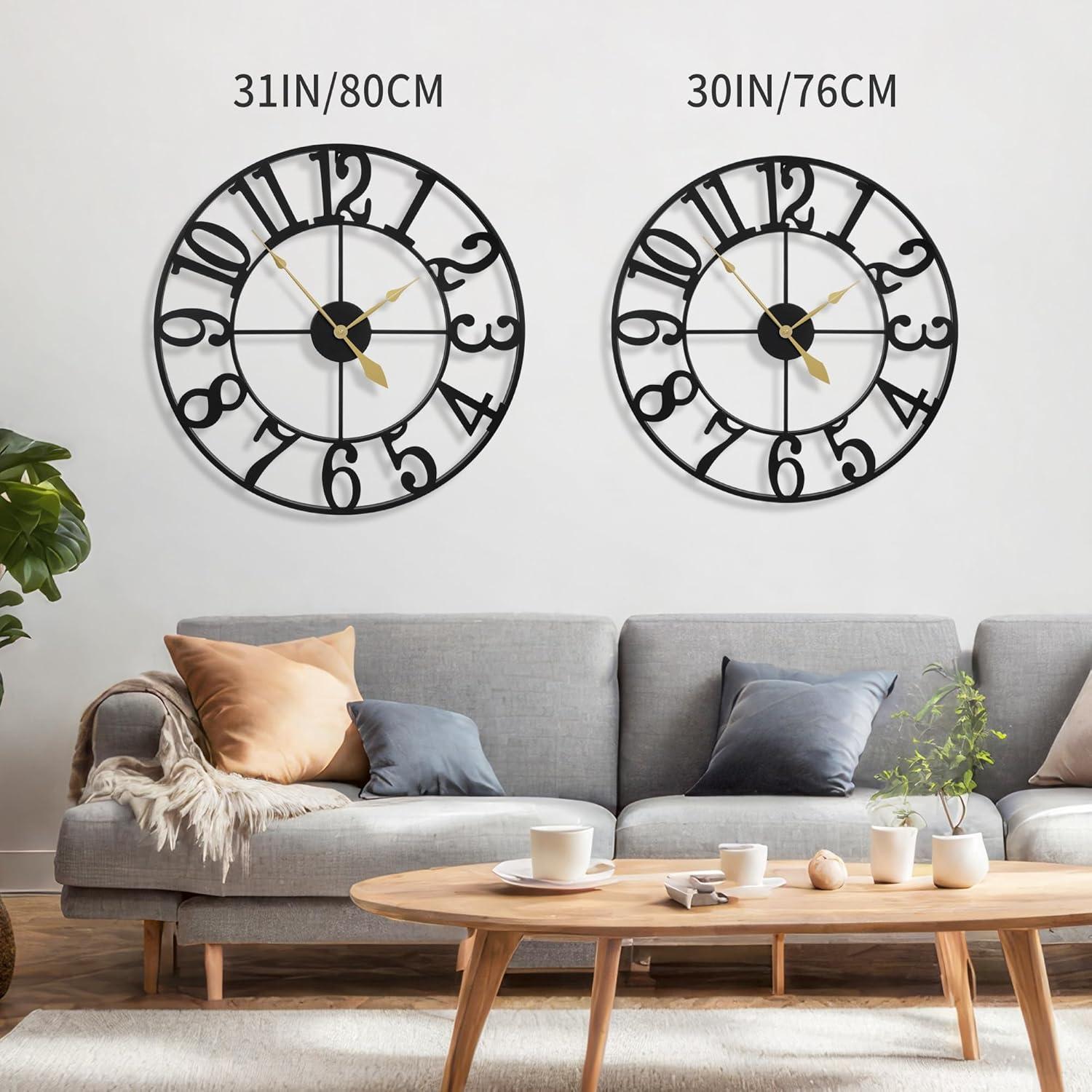 Large Vintage Round Metal Wall Clock Silent Non Ticking Battery Operated Black Roman Numerals Clocks For Living Room Bedroom Kitchen Decoration