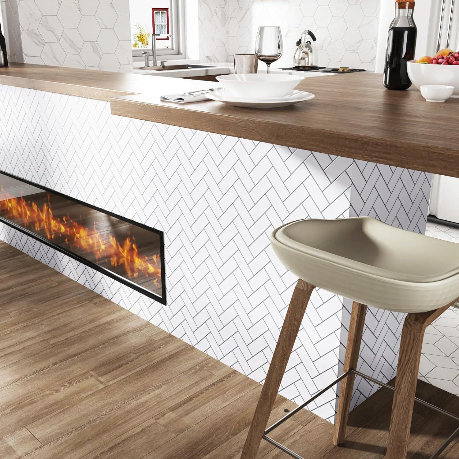 Clever Mosaics Thicker Upgrade White Vinyl Peel and Stick Herringbone Tile Backsplash 12" x 12" (set of 10)