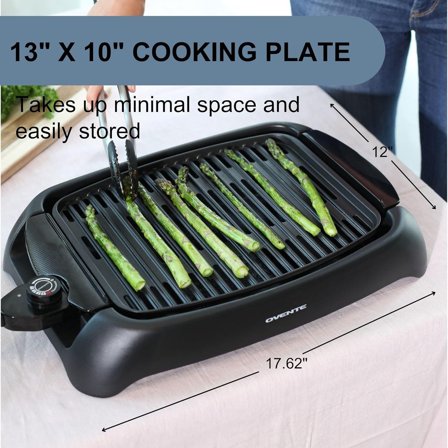 OVENTE Electric Indoor Grill with 13"x10" Nonstick Cooking Surface, 1000W Power, Black GD1632NLB