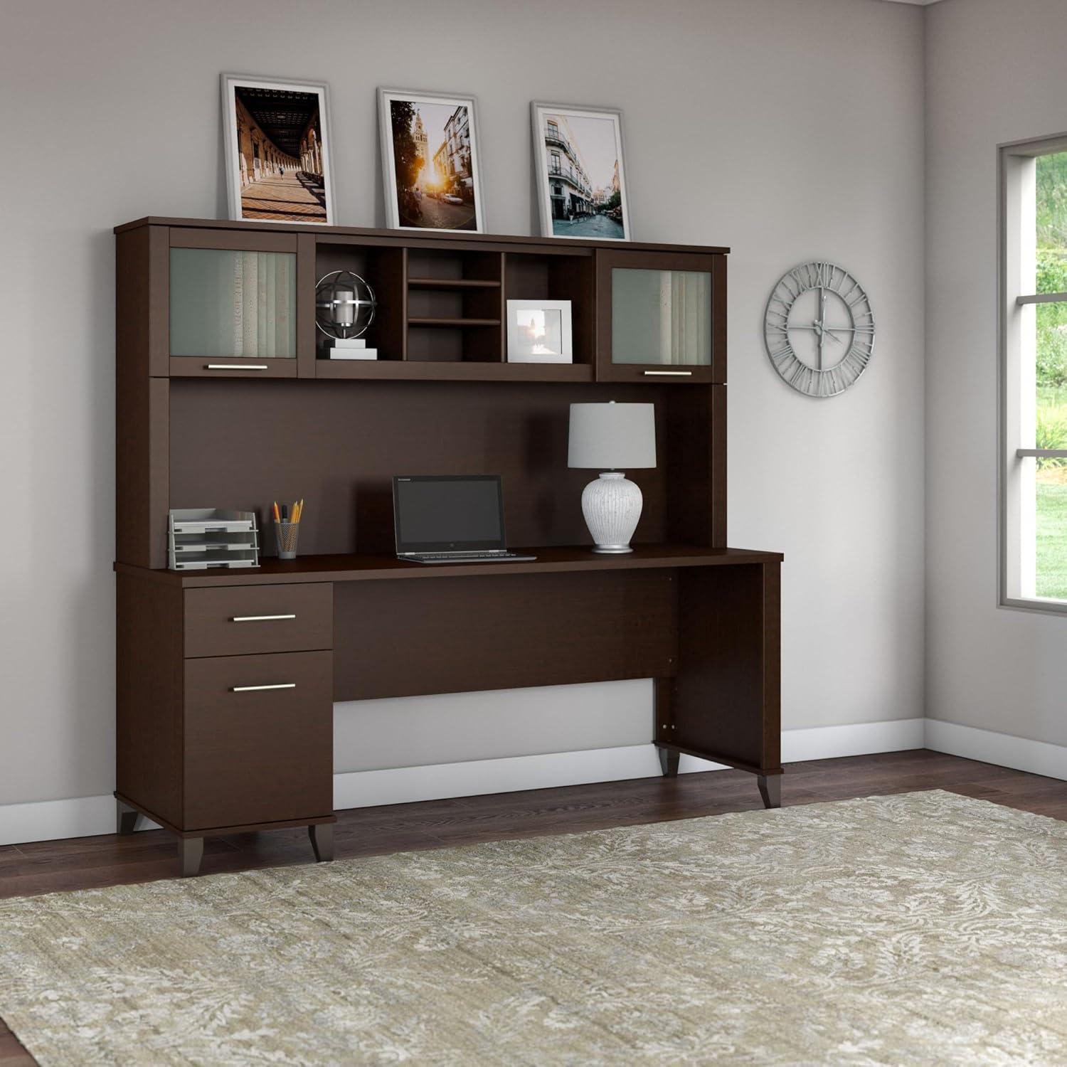 Bush Furniture Somerset 72W Wood Office Desk with Hutch in Mocha Cherry