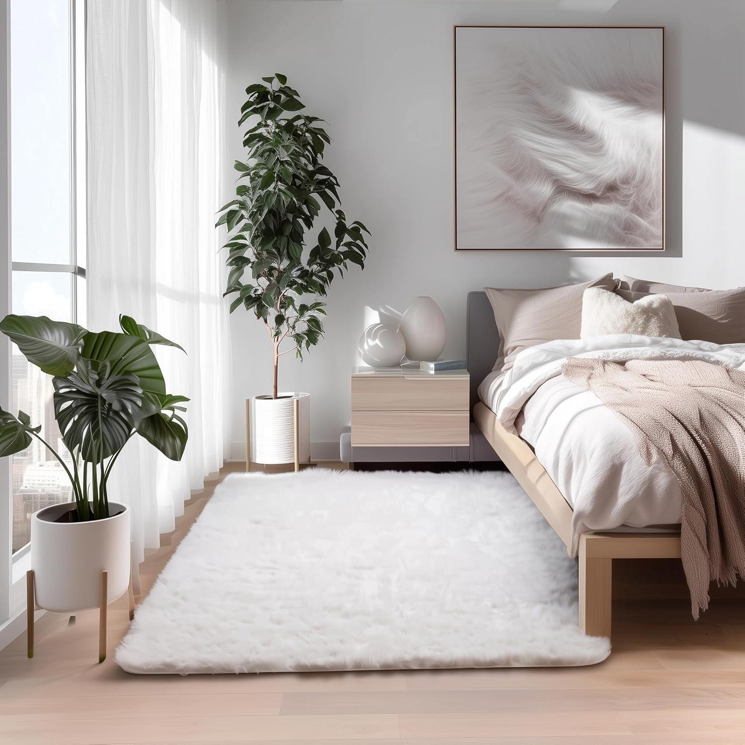 Diller White Faux Sheepskin Fur Machine Washable Shag Fluffy Area Rug