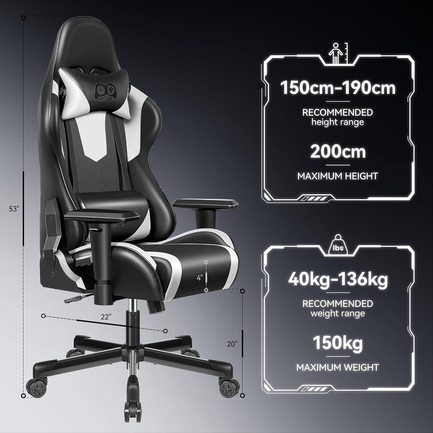 White and Black PU Leather Ergonomic Gaming Chair with Lumbar Support