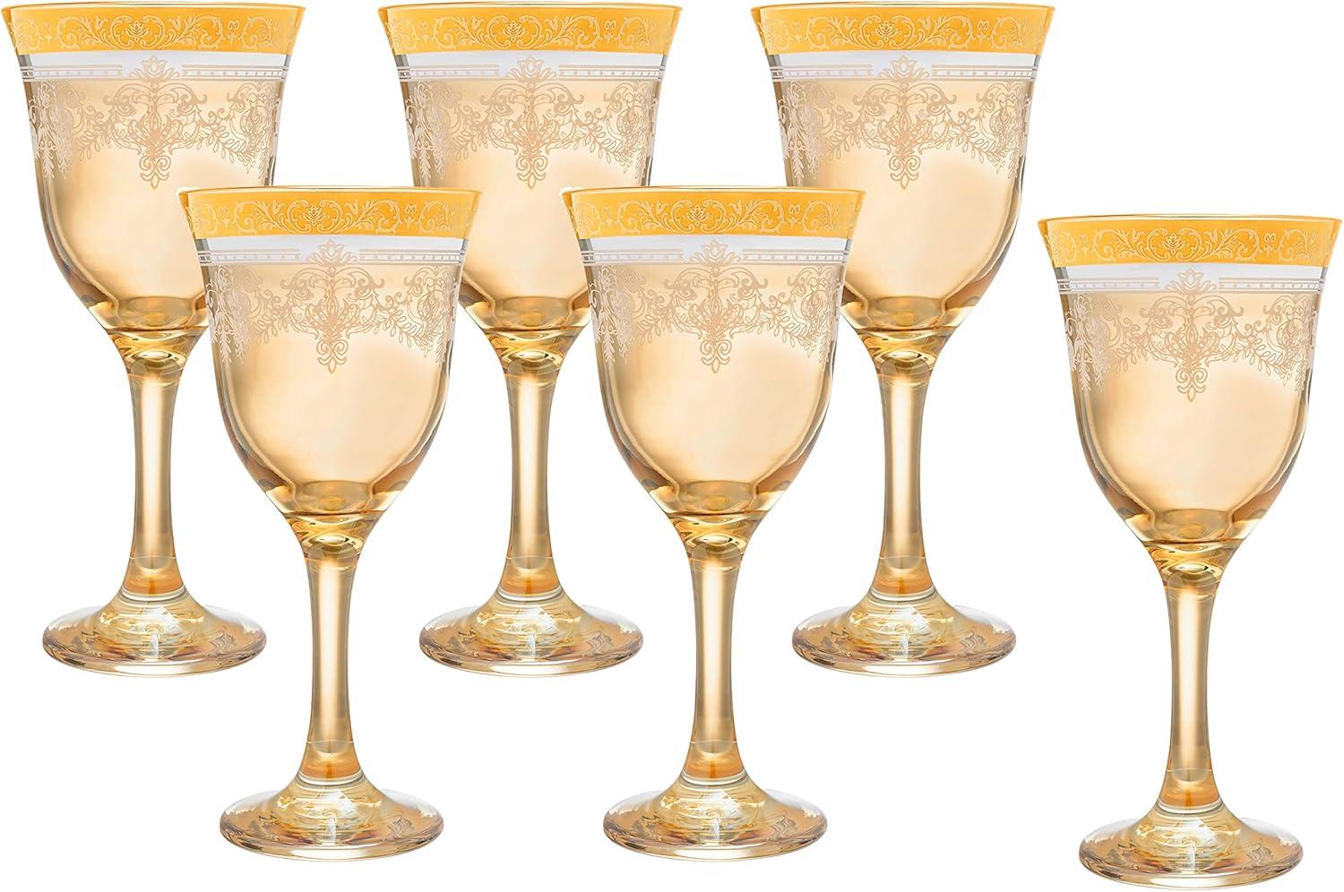 Amber Gold Trim Italian Crystal Goblet Set, 6 Pieces