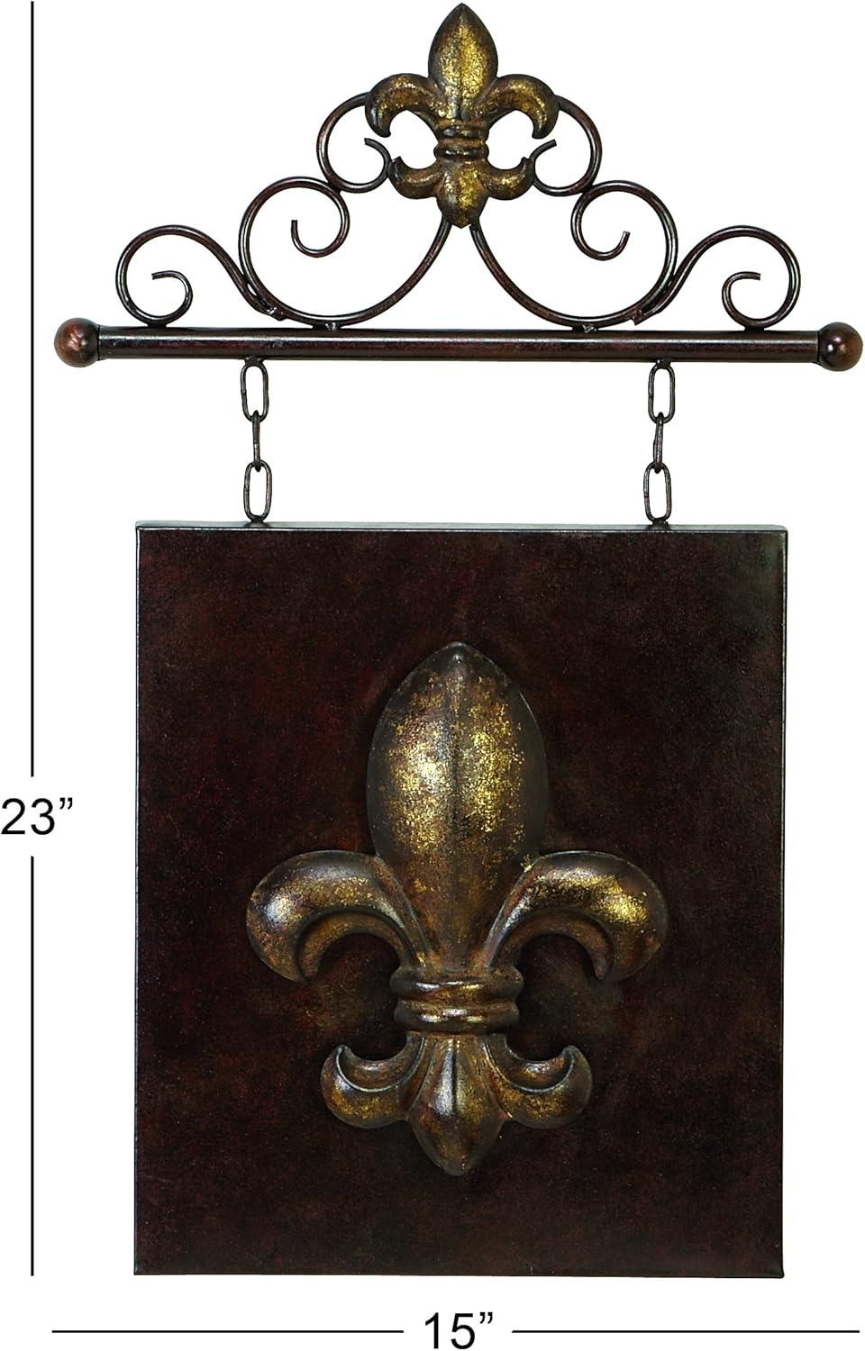 DecMode Bronze Metal Suspended Fleur De Lis Wall Decor with Scrollwork Hanger