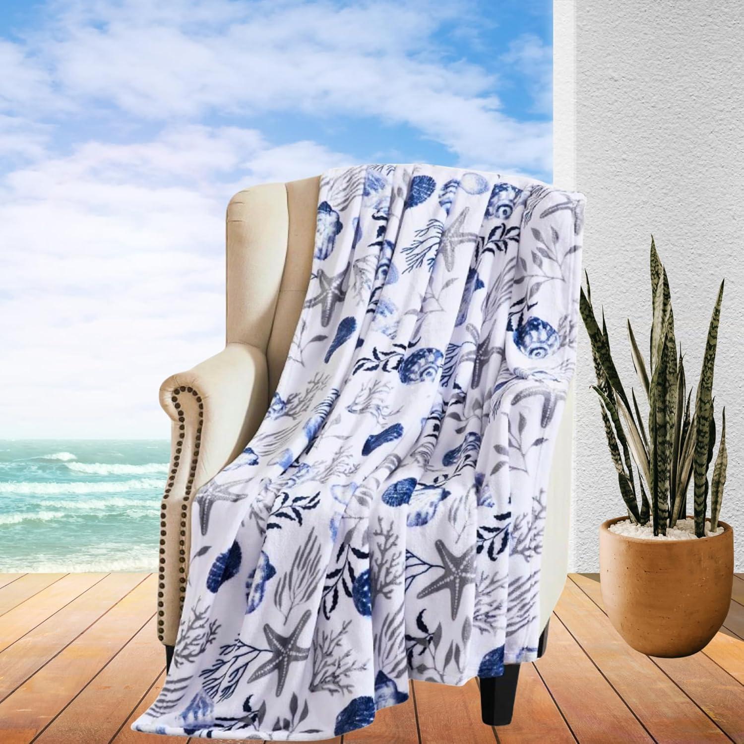 Coastal Ocean Life Fleece Throw Blanket with Shells and Starfish