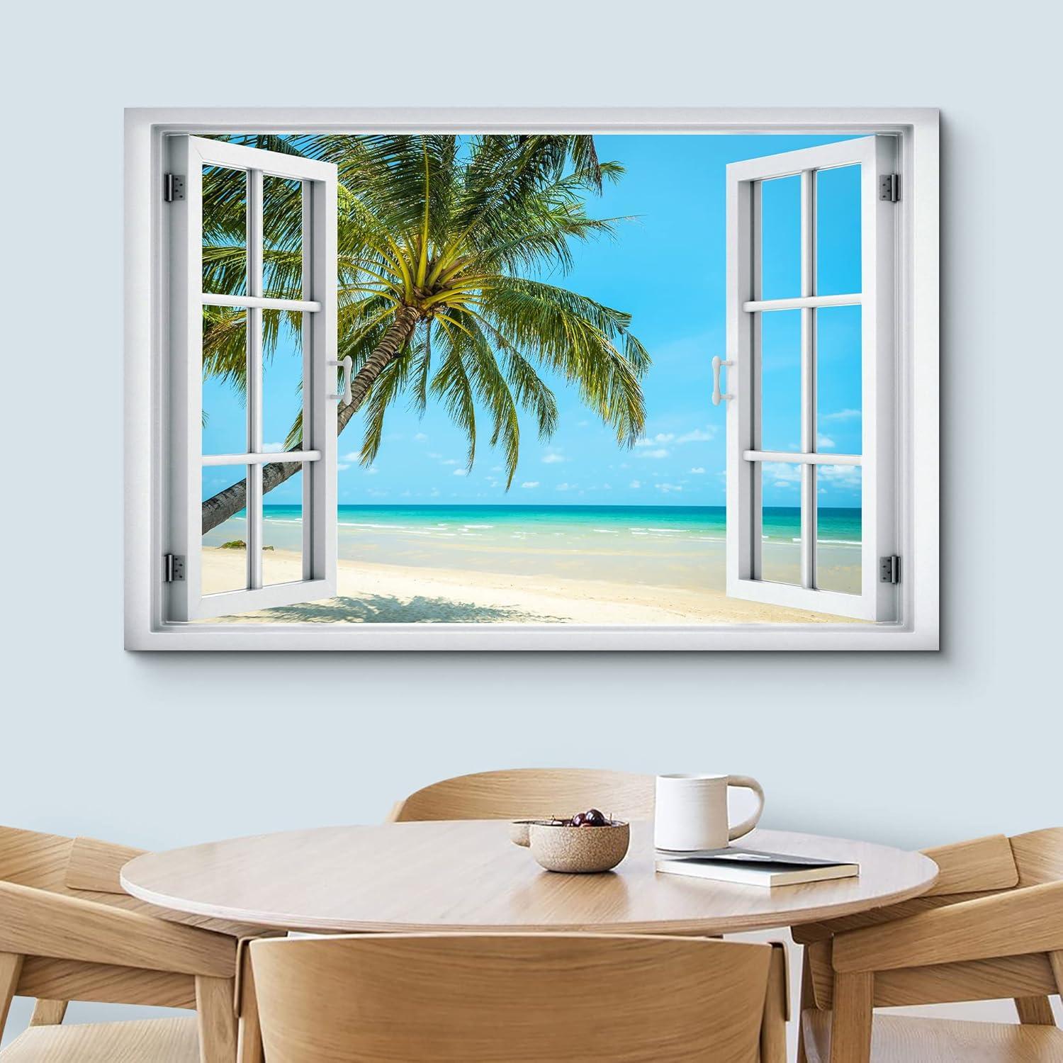 wall26 Canvas Print Wall Art Window View of Tropical Island Beach Paradise Nature Wilderness Photography Modern Art Rustic Scenic Colorful Ultra for Living Room, Bedroom, Office - 24"x36"