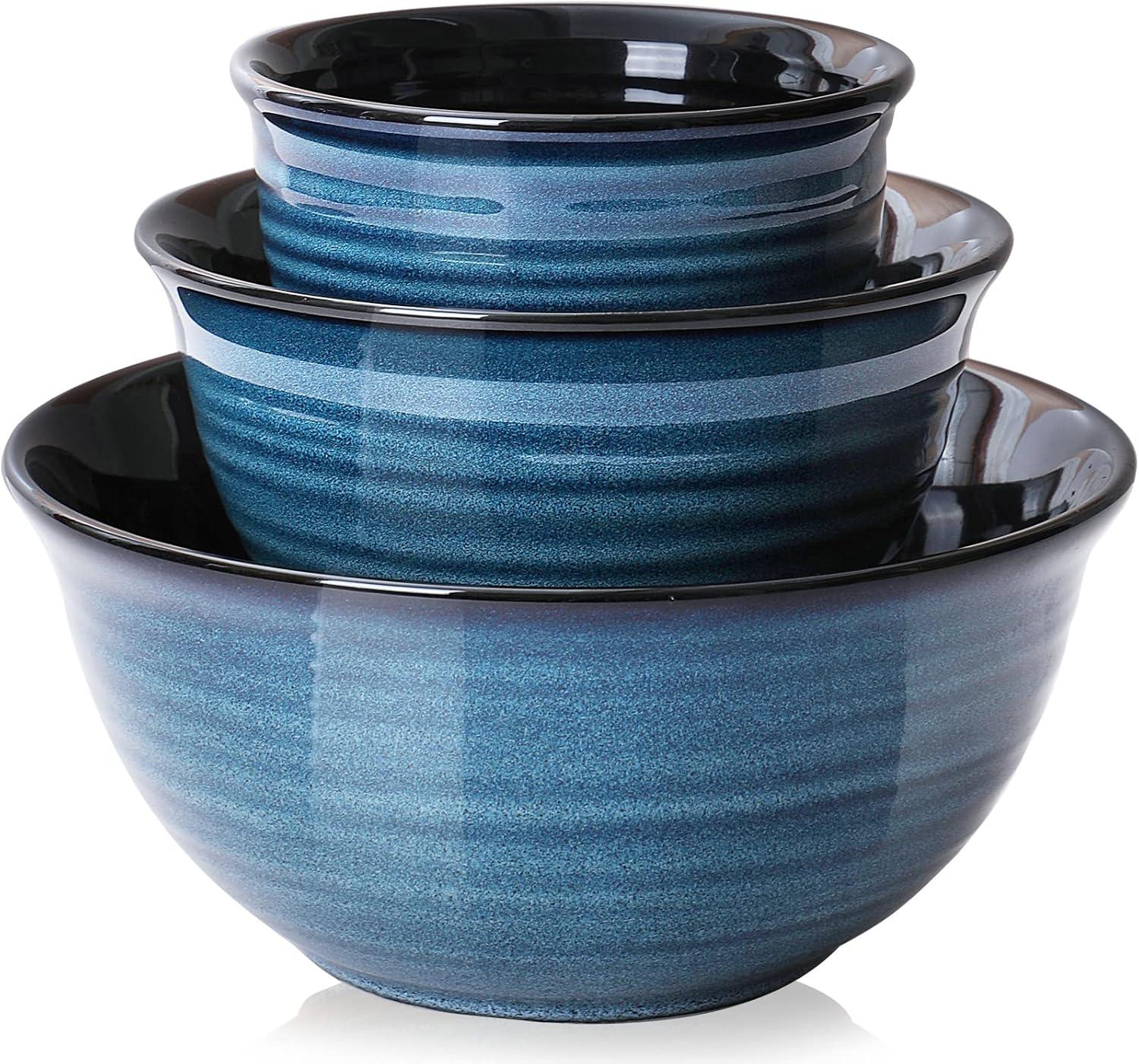 Blue Ceramic Round Mixing Bowl Set, 2 Quarts