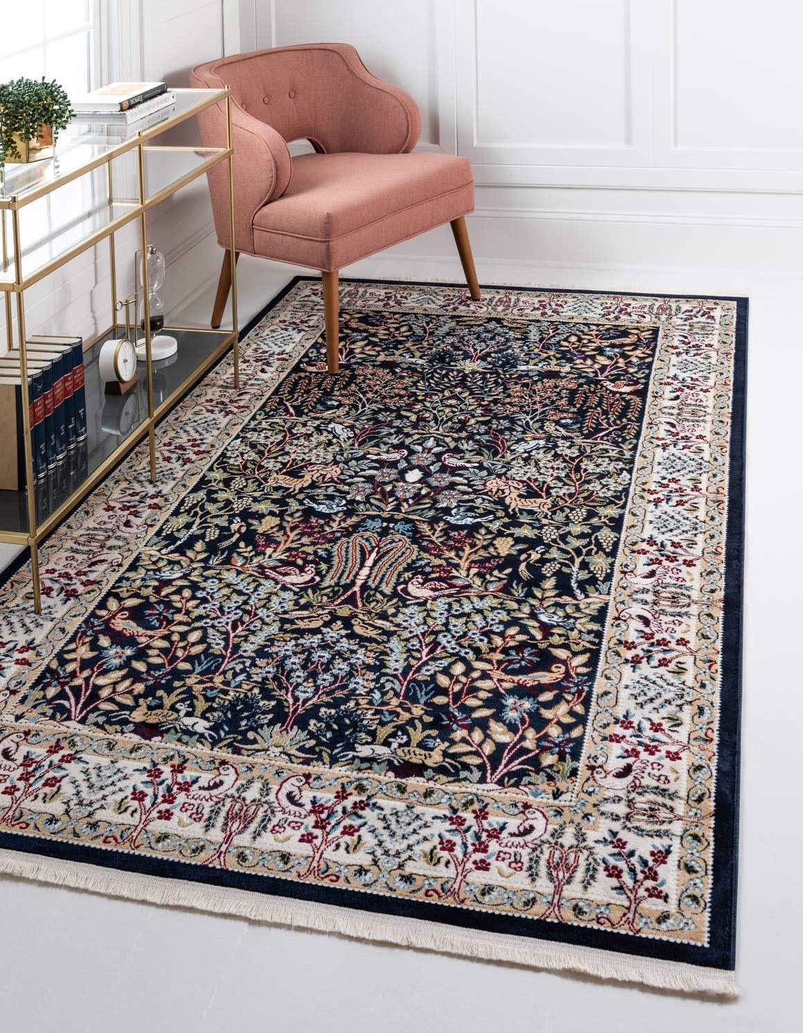 Navy Blue Floral Synthetic 8' x 10' Rectangular Area Rug