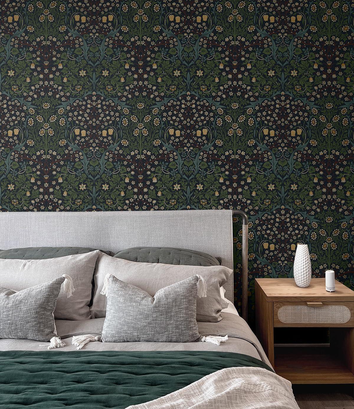 Midnight Blue and Evergreen Damask Floral Peel and Stick Wallpaper