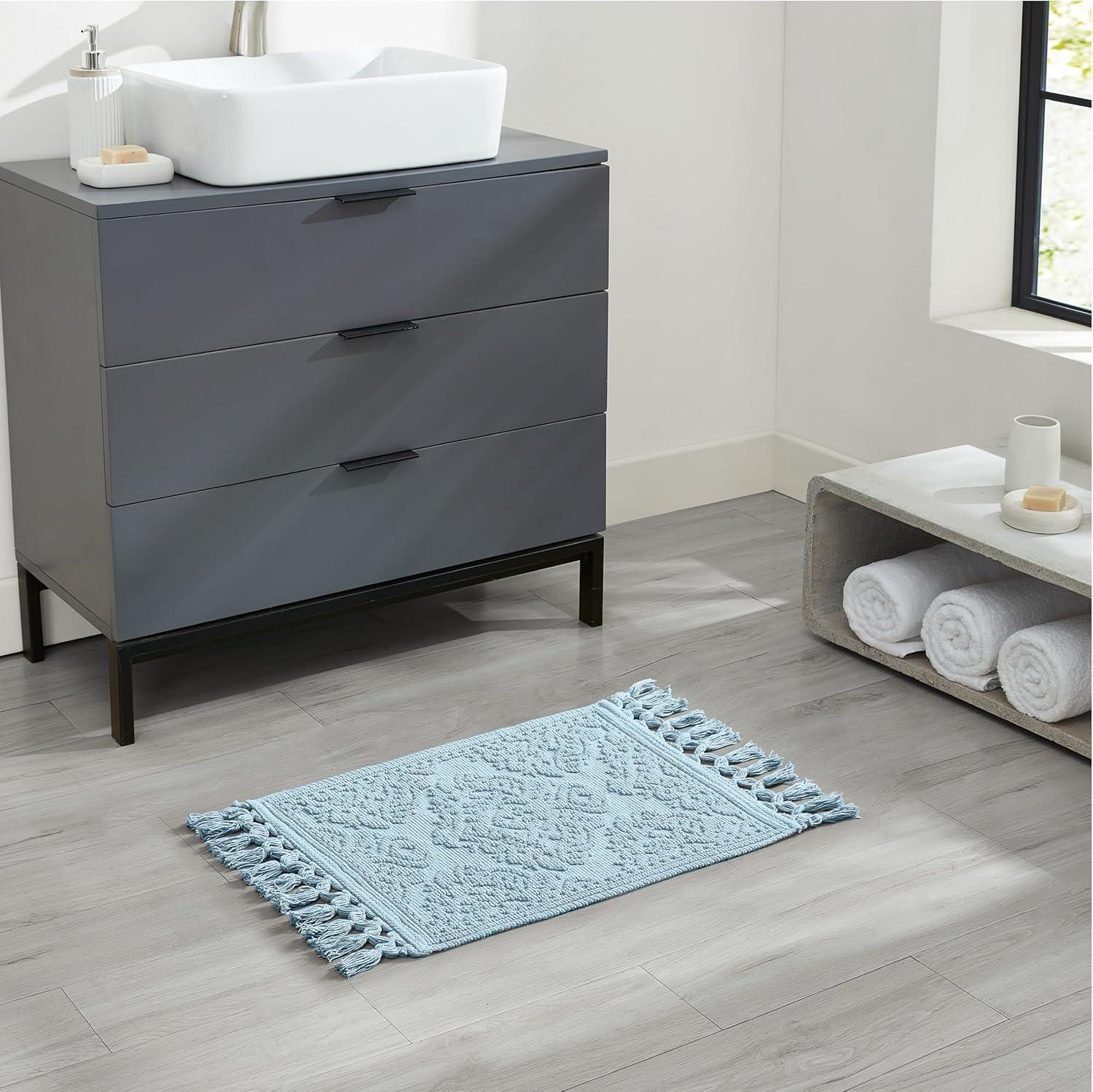 Jean Pierre Light Blue Cotton Fringe Bath Rug 21" x 41"