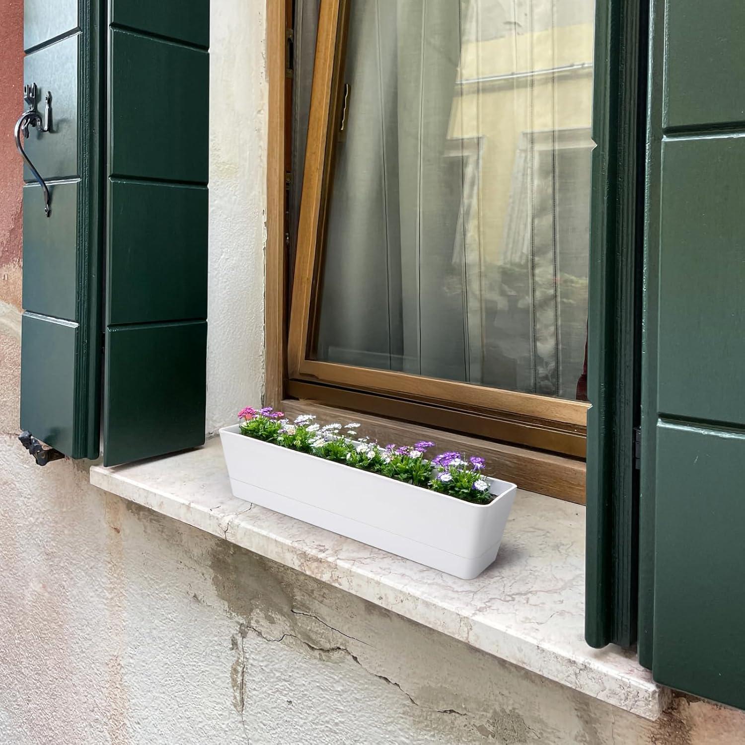 GREANER Window Boxes Planters, 3PCS 16x3.8 Inch Large Herb Planters with Tray, Indoor Succulent Cactus Flowers Vegetable Plastic Rectangle Pots for Balcony, Office, Garden, Outdoor, Windowsill (White)