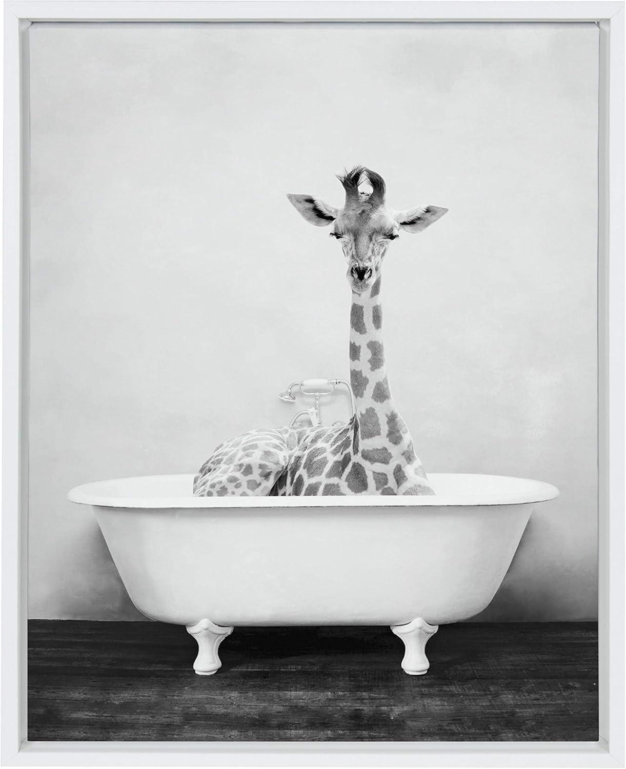 Whimsical Giraffe in Tub Framed Canvas Wall Art