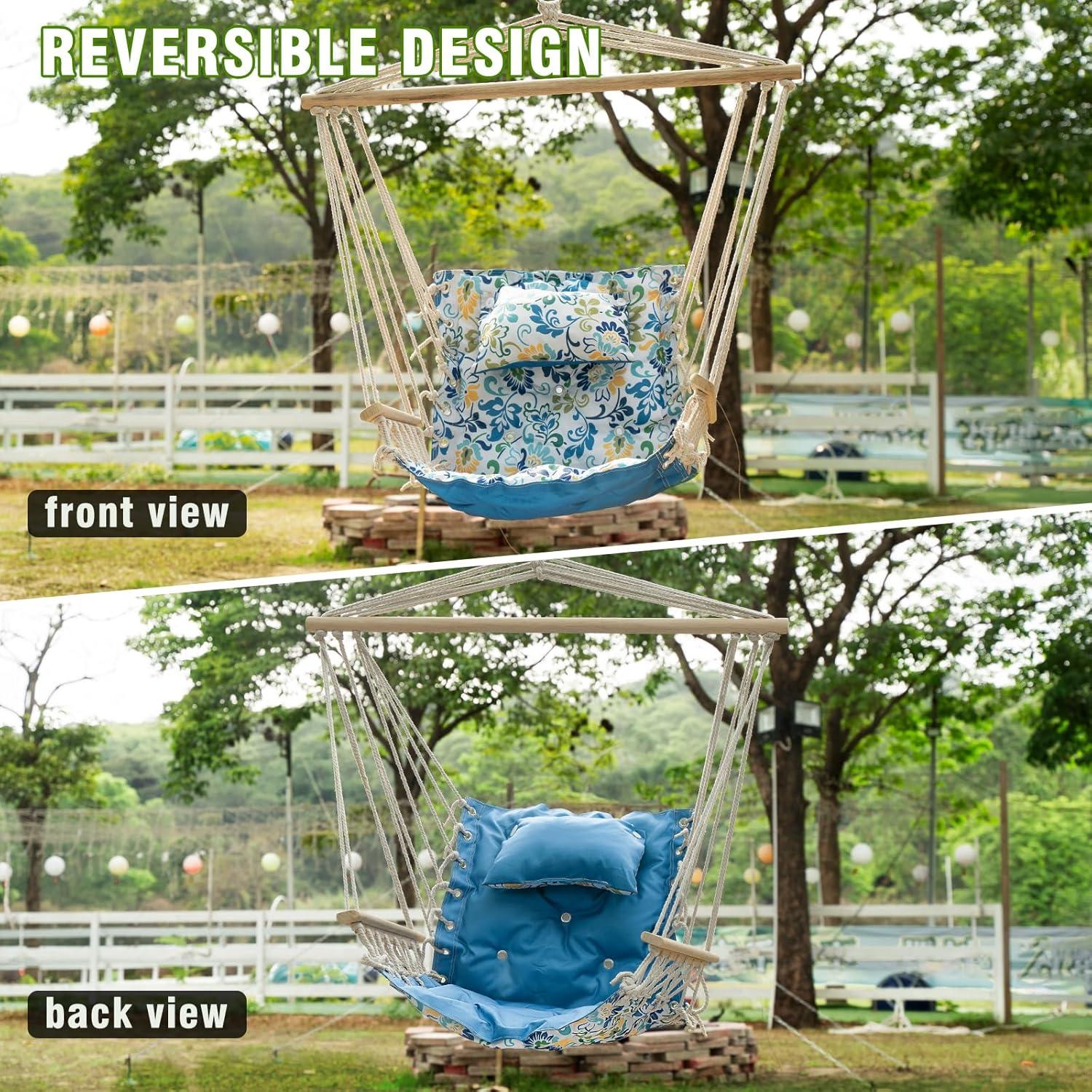 Hanging chair with Pillow & Arms- Extra Padded - Reversible Blue Floral