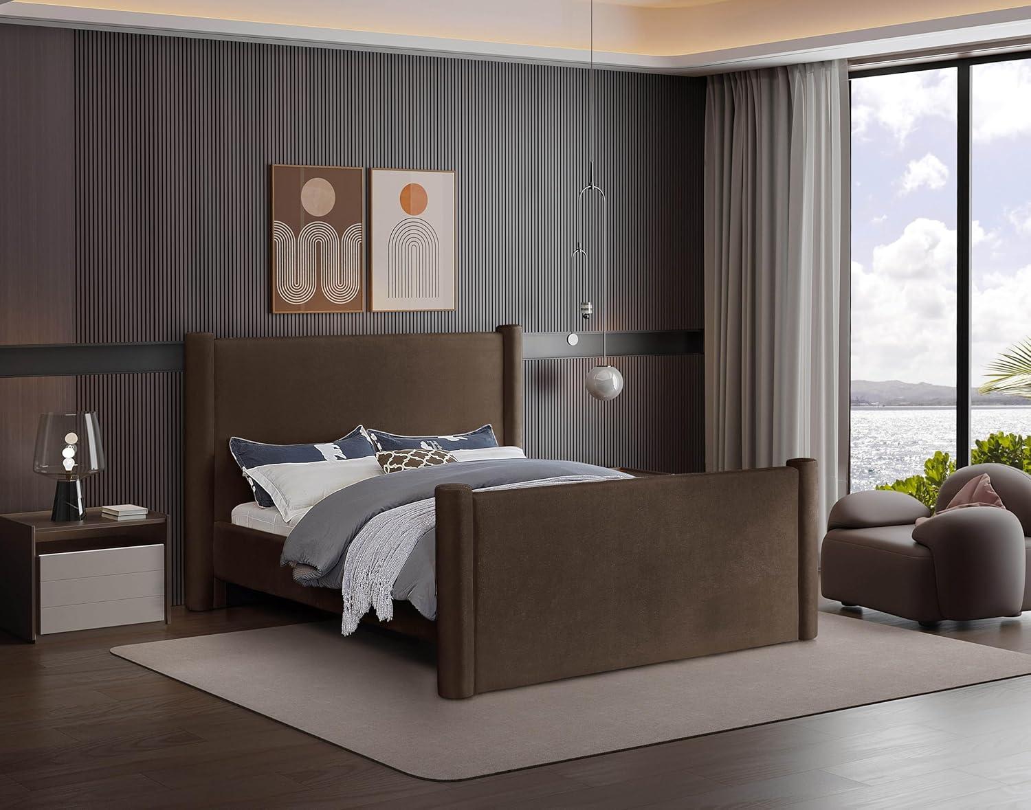 Meridian Furniture B1298Brown-Q Elias Collection Modern | Contemporary Queen Bed with Soft Brown Velvet, Solid Wood Inner Frame, 73.5" W x 88.5" D x 52" H, Brown, Queen