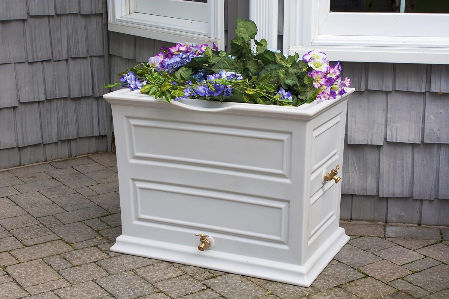 Good Ideas Savannah Colonial Style 42 Gallon Rain Saver Barrel with Self-Draining Garden Planter and Brass Spigots, Light Gray