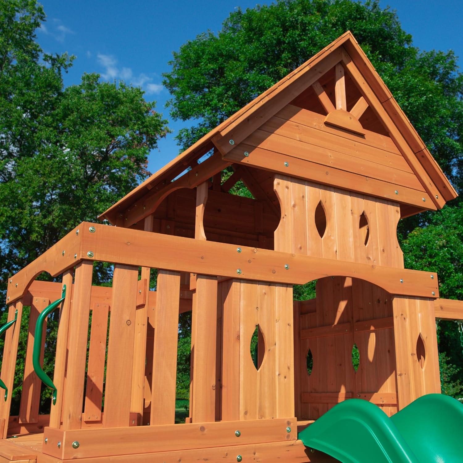 Woodland Cedar Wood Playset with Green Slide and Swings