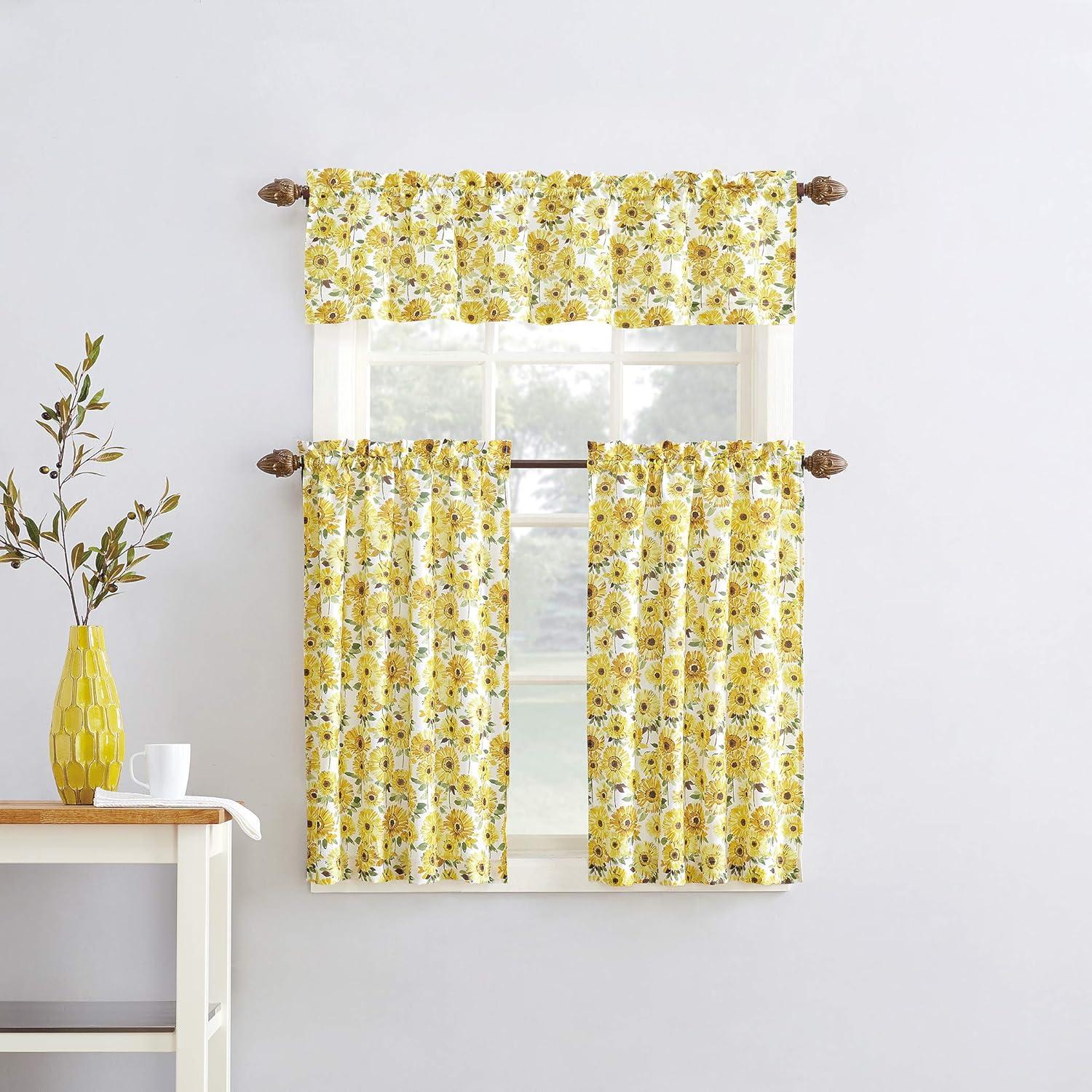 Sunflower Print Semi Sheer Rod Pocket Kitchen Curtain Valance and Tiers Set Yellow - No. 918