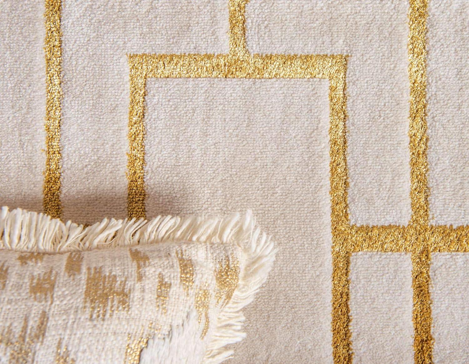 Rectangular White and Gold Geometric Stain-Resistant Area Rug