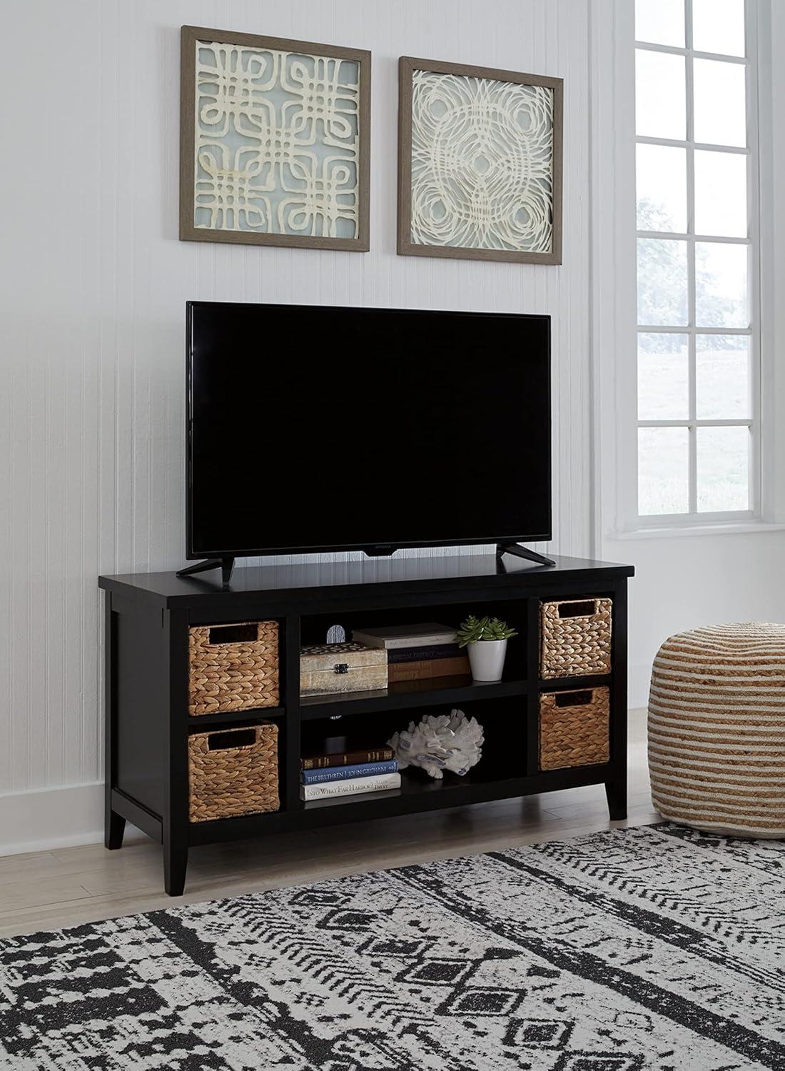 Black Transitional TV Stand with Baskets and Shelves