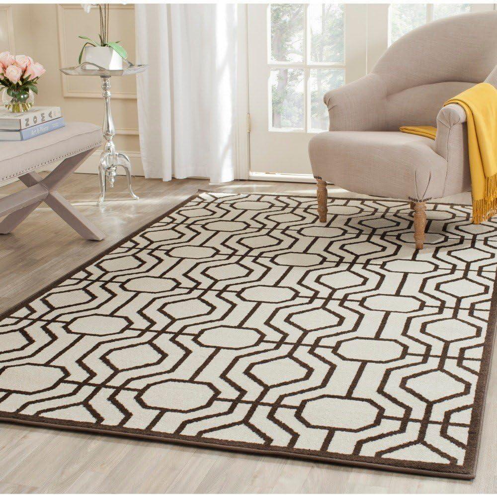 Ivory & Brown Geometric 7' Square Synthetic Easy-Care Area Rug