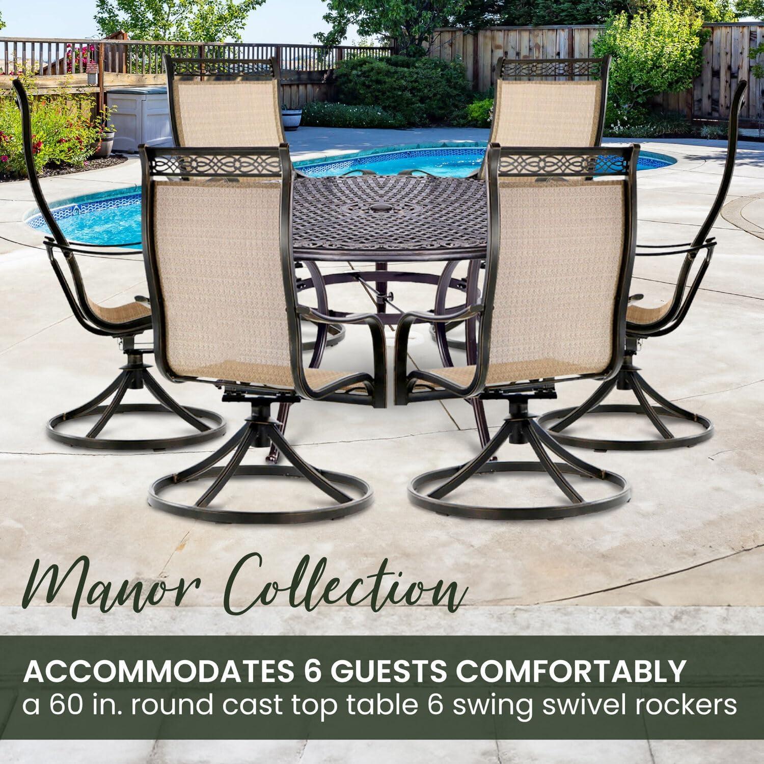 Hanover Manor 7-Piece Outdoor Dining Set in Cedar with 6 Contoured Swivel Rockers and 60" Round Cast-Top Table