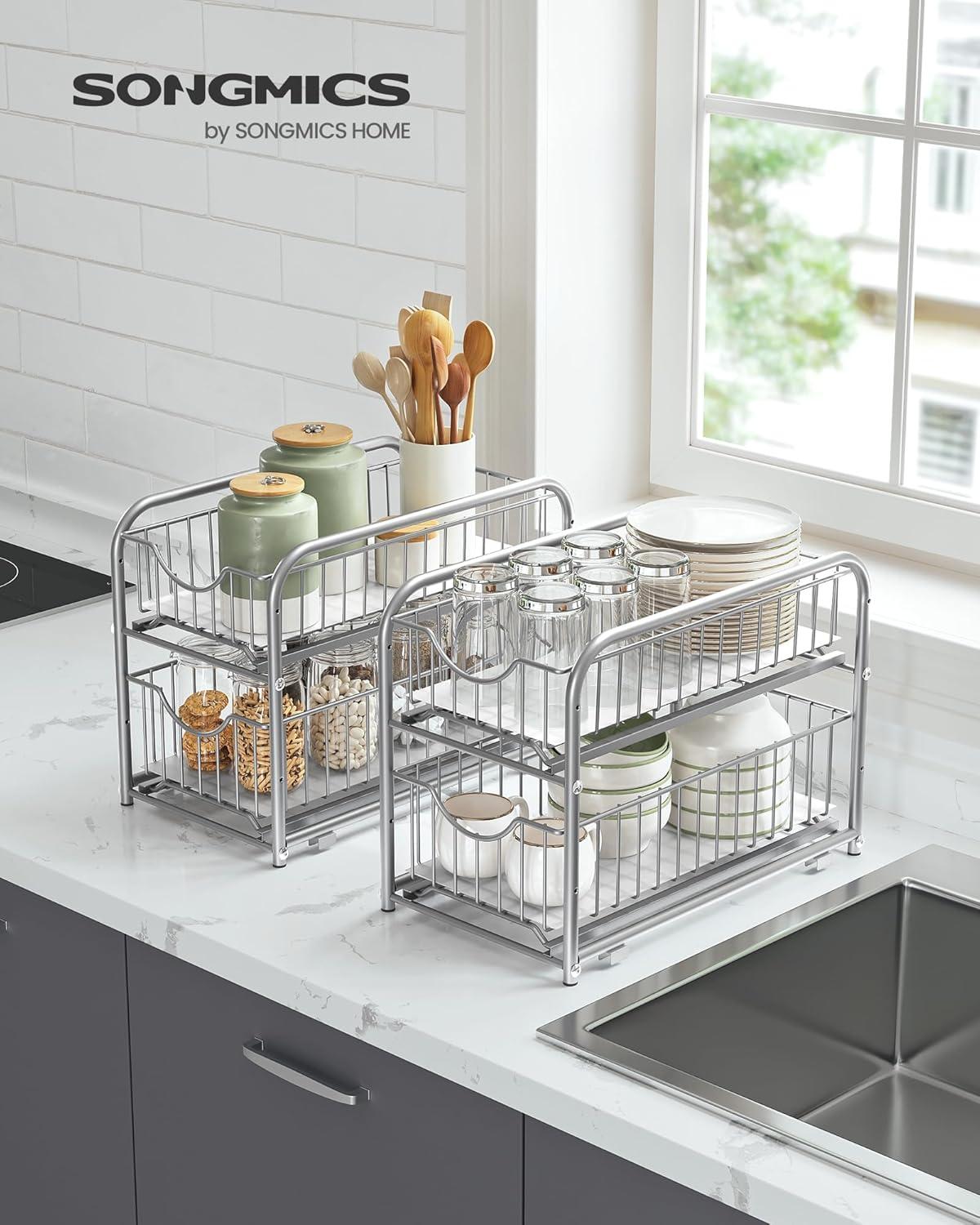 Silver 2-Tier Sliding Cabinet Organizer with Plastic Drawers