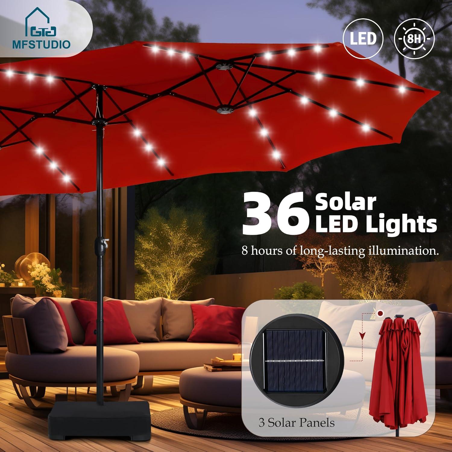 Summit Living 15ft Double-Sided Solar Patio Umbrella with Base Large Outdoor Table Umbrella with LED Solar lights Red