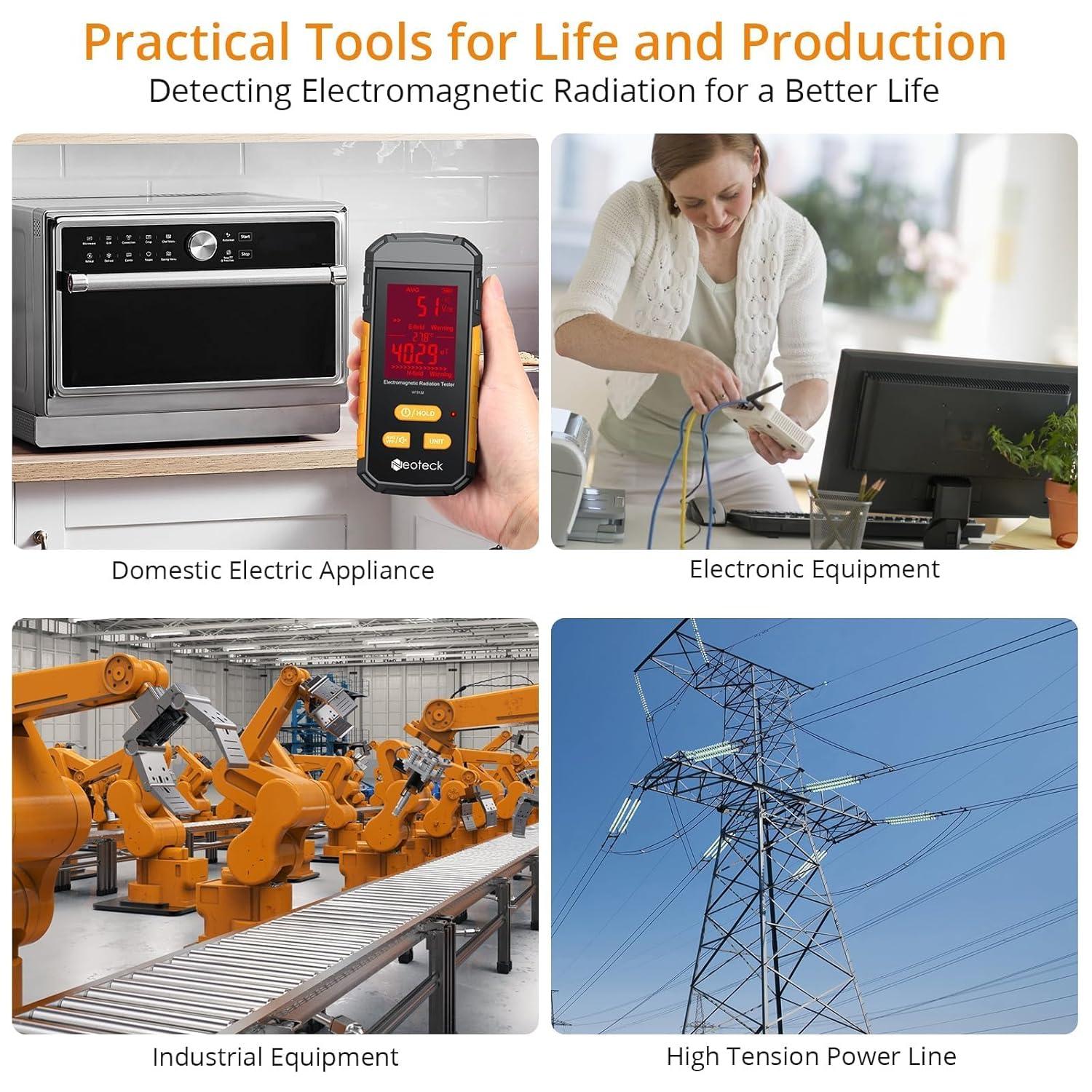 Neoteck 3-in-1 EMF Meter Rechargeable Electromagnetic Radiation Detector for EF MF and Temperature LCD Backlit Audible Alarm 1~1999V/m Electric Field 0.01~99.99ut Magnetic Field(RF Not Included)