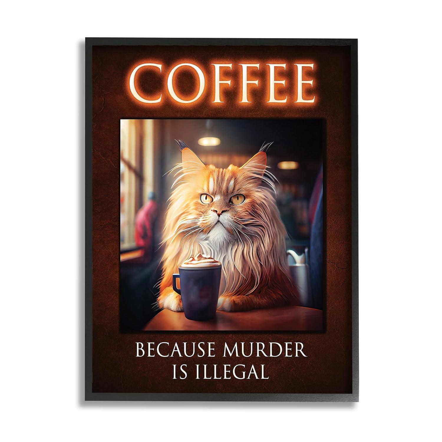 Stupell Industries Divertido Gato Café Frase Animales E Insectos Pintura Negro Enmarcado Arte de Pared, 16 x 20