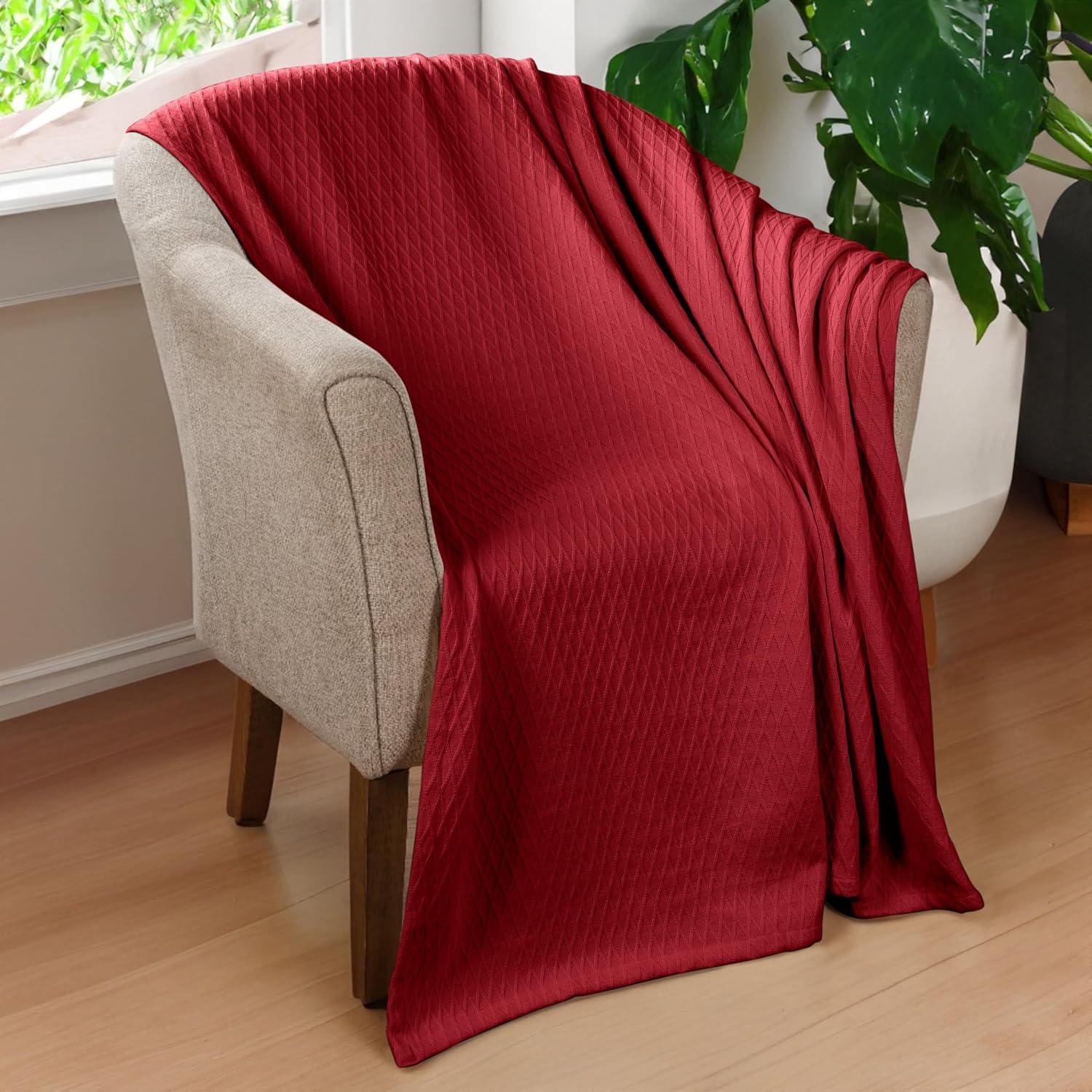 Superior Dobbyweave Knit Cotton Blanket, All Season Breathable Bed Blanket Twin Size, Burgundy