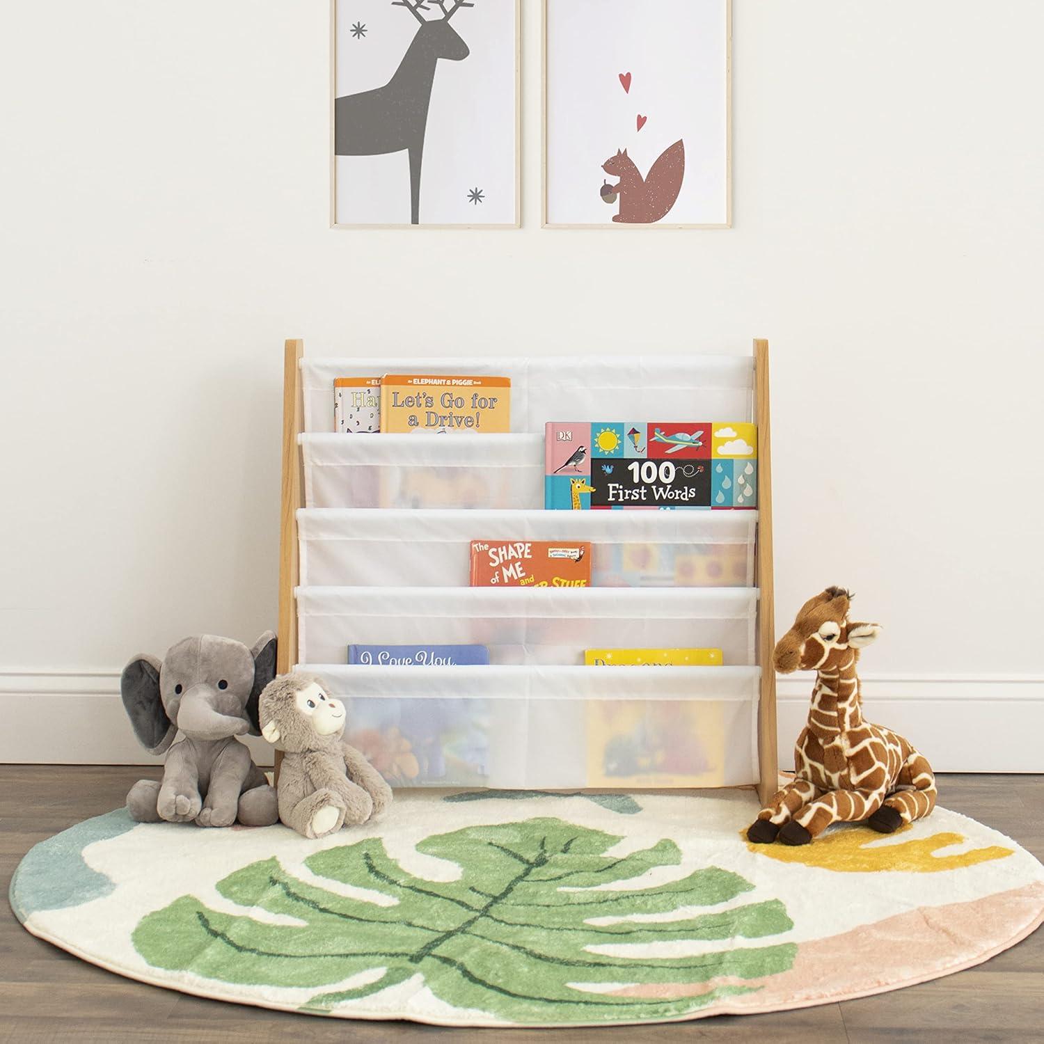 Humble Crew 4-Tier Kids Bookshelf, Natural Wood/White - Premium Book Shelf for Kids Rooms with Four Deep Pockets - Toddler Sling Book Rack with Deep Sleeves, Nursery Bookcase Organizer