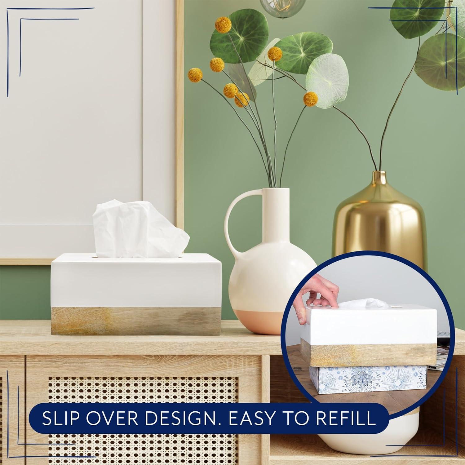 AuldHome Design Rectangular Tissue Box Cover (Enamel/Mango Wood); Minimalist Scandinavian Decor White Oblong Tissue Holder