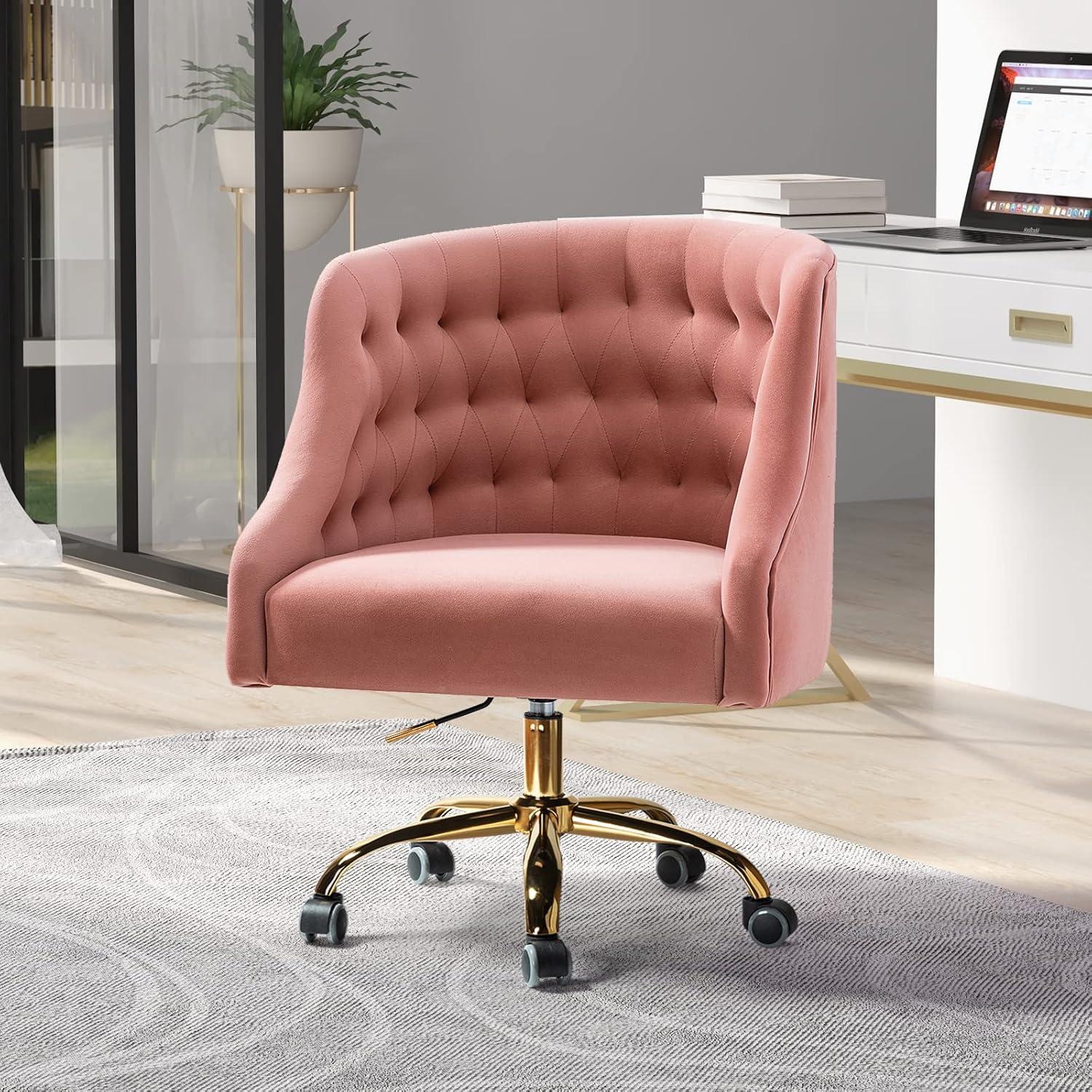 Modern Home Task Chair Swivel Rolling Computer Velvet Fabric Gold Legs Makeup Vanity Chairs Adult Pink