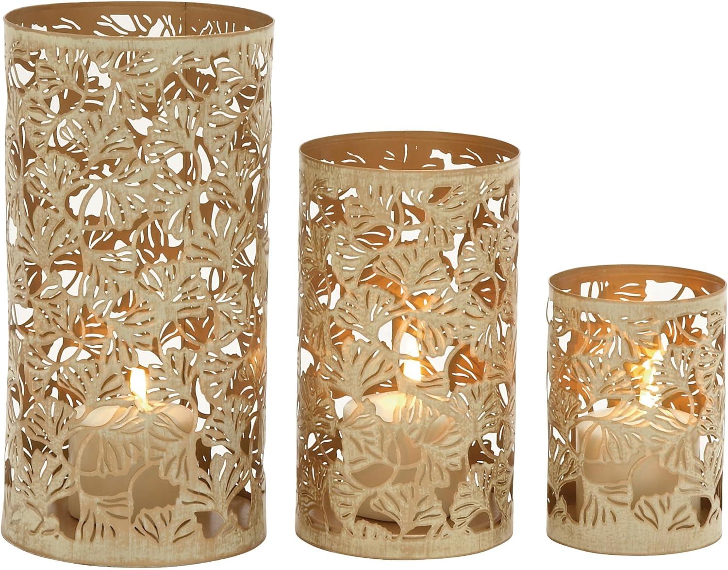 Winter Elegance Gold Tree Hurricane Candle Lantern Set 6", 9", 12"H