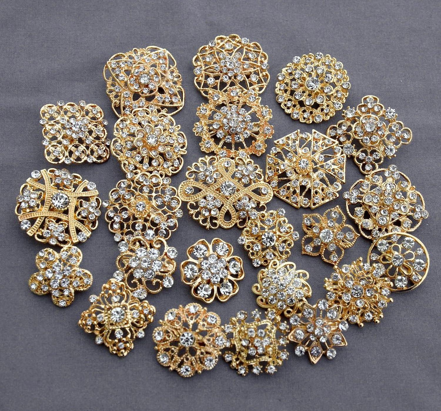 Zhouqiannn Exquisite Alloy Brooches with Rhinestones 24pc Golden Set for Wedding Bouquets and Dresses Birthday Party Event Wristbands Event Dress Party Flag Tropical Party Decorations Party Dress for