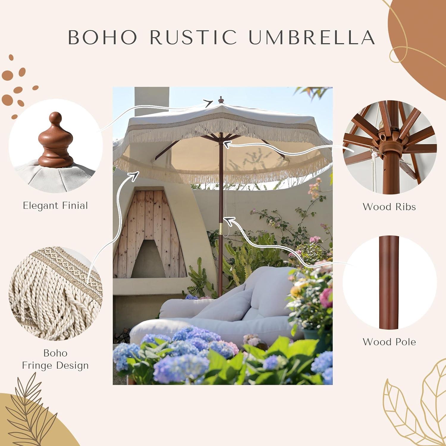 LAGarden 7' Patio Beige Umbrella with Tassels UPF50+ Boho Style 5-Year-Non-Fading for Outdoor,Model:BH7W-01P