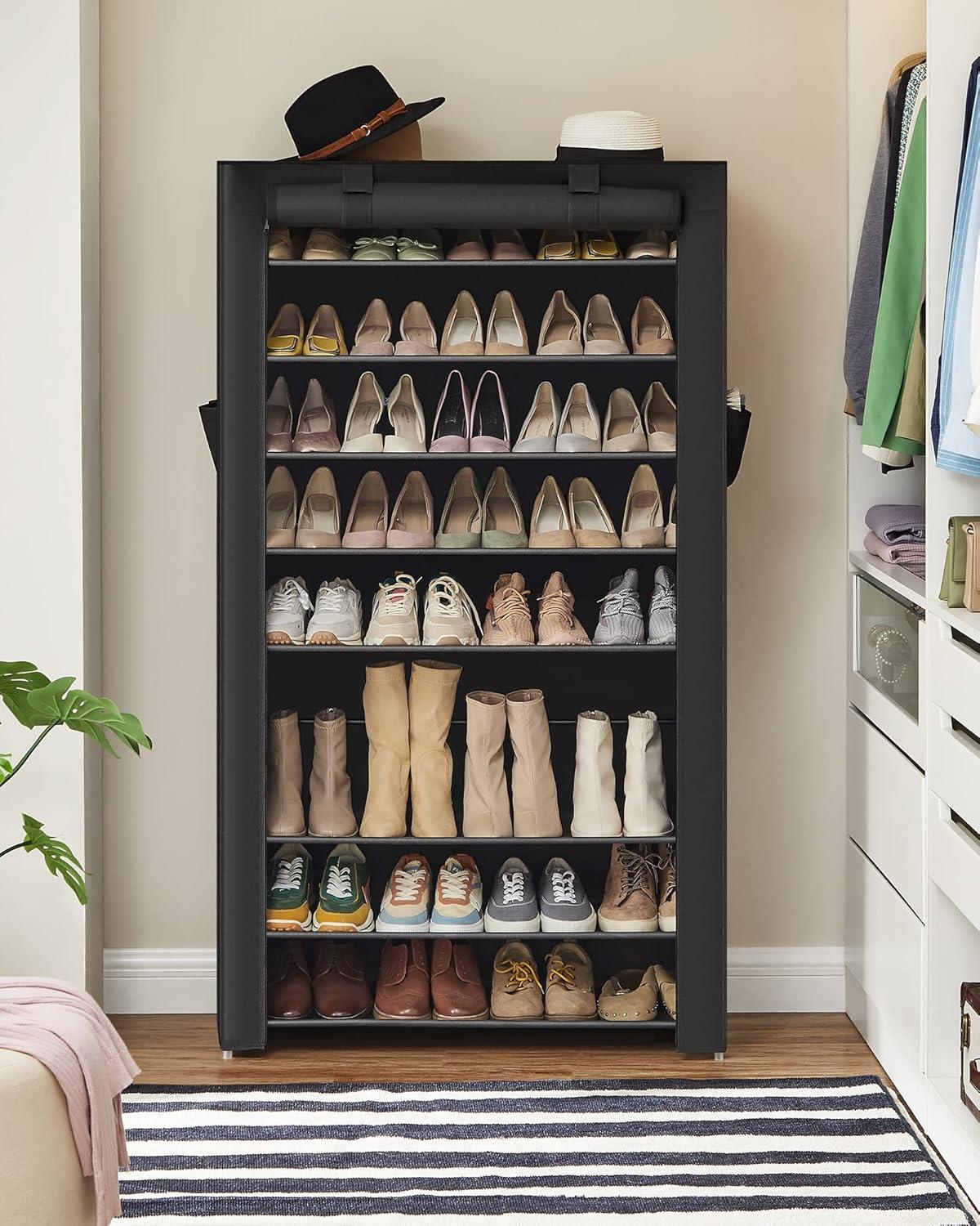 Black 9-Tier Metal and Fabric Shoe Rack with Cover