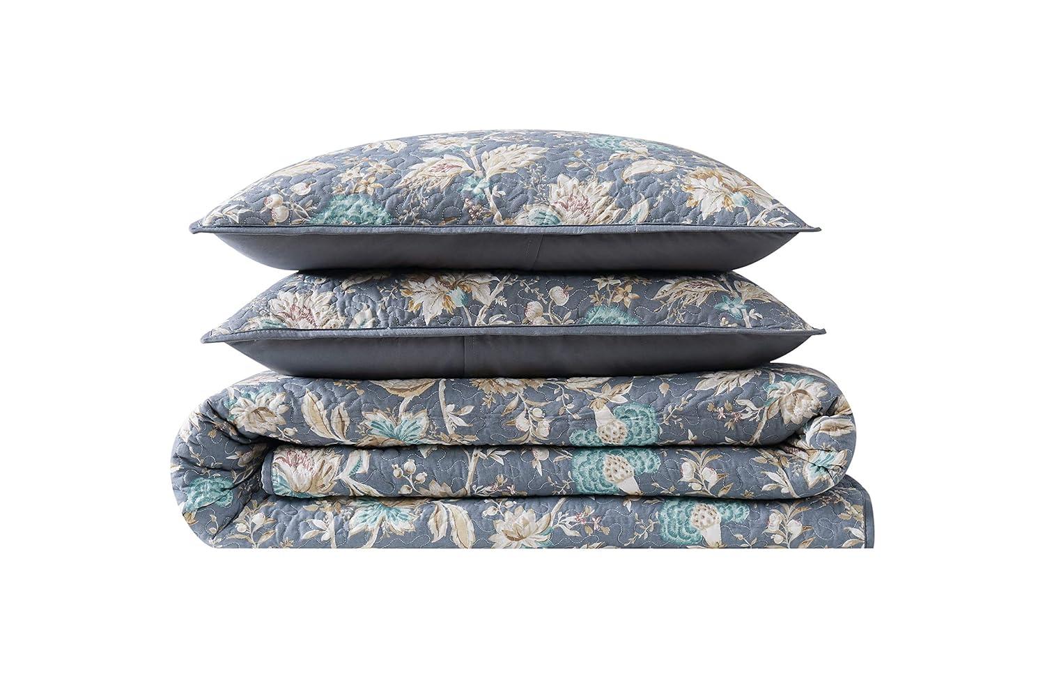 3pc King Florence Quilt Set Cream/Blue/Dark Gray - Cottage Classics: Cotton Reversible Coverlet with Shams