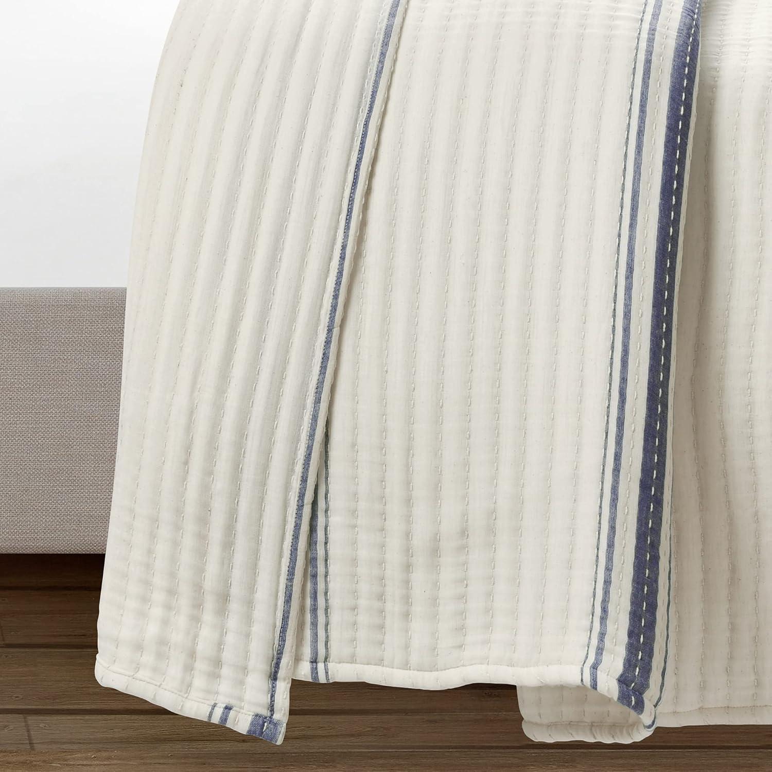 Lush Décor King Farmhouse Stripe Kantha Pick Sti Thread Counth Yarn Dyed Woven Single Quilt/Coverlet Navy: Reversible, OEKO-TEX Certified