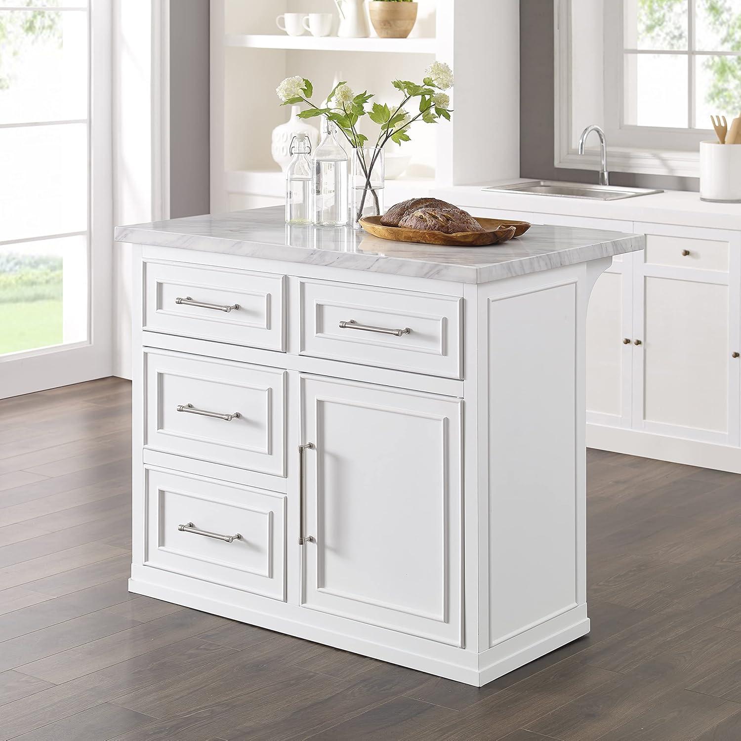 Crosley Cutler Faux Marble Top Kitchen Island White/White Marble: Traditional Style Cart with Adjustable Shelves, Storage