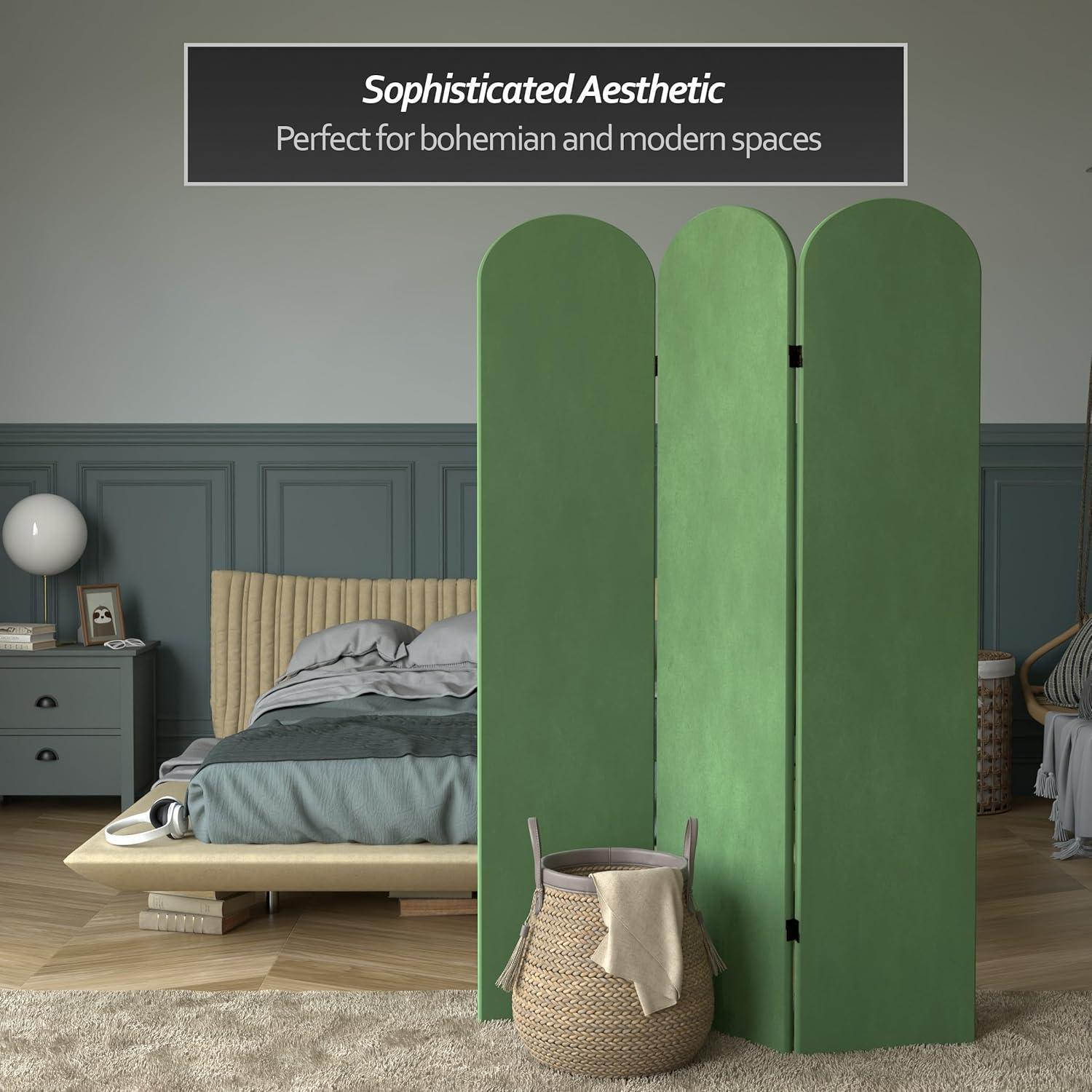 6 ft. Classic Arch Velvet Room Divider Green 3 Panel