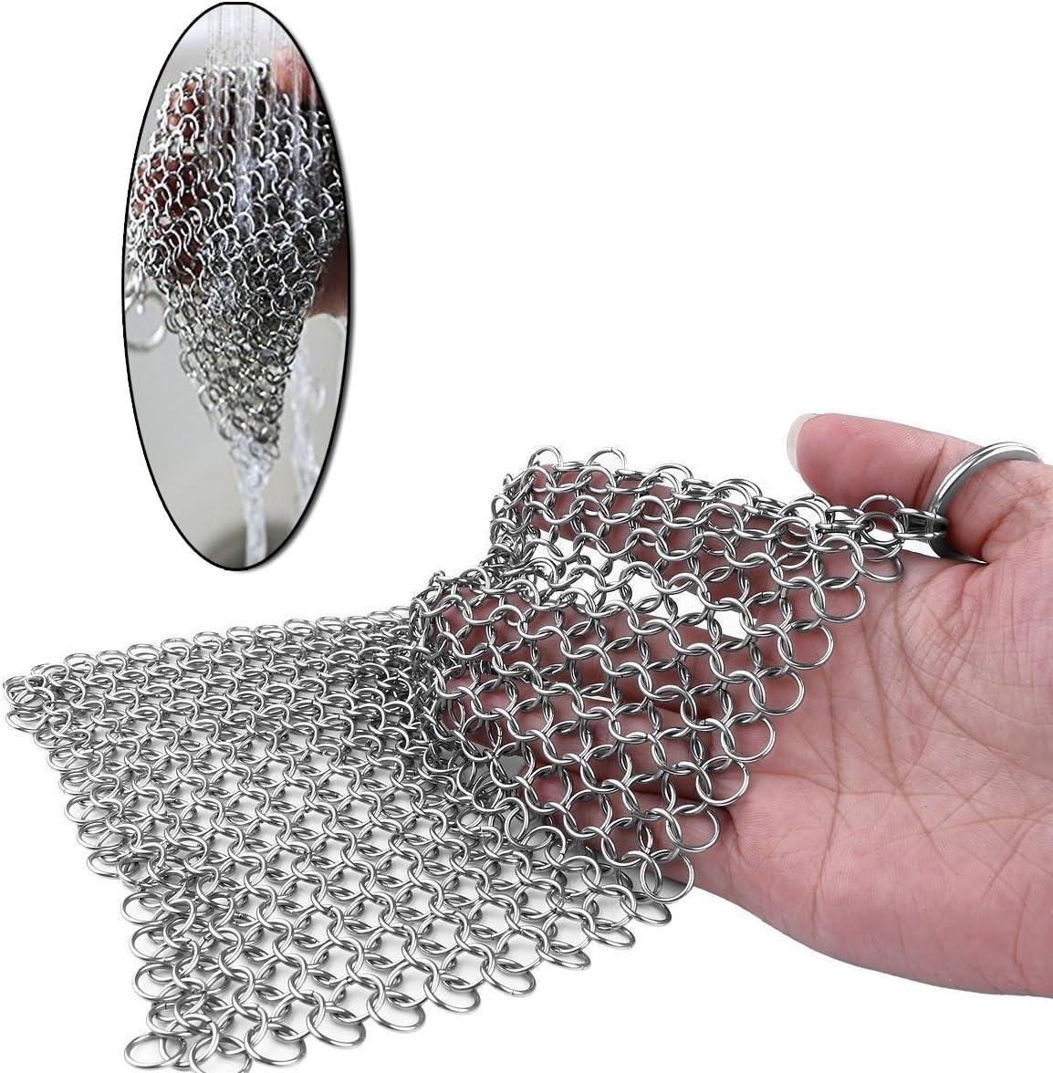 Cast Iron Scrubber 316 Stainless Steel Skillet Cleaner 8"x6" Chainmail Scrubber Scraper Chain Mail Link Scrub for Cast Iron Pre-Seasoned Pans, Griddles, BBQ Grills, and Pot Cookware Cleaning