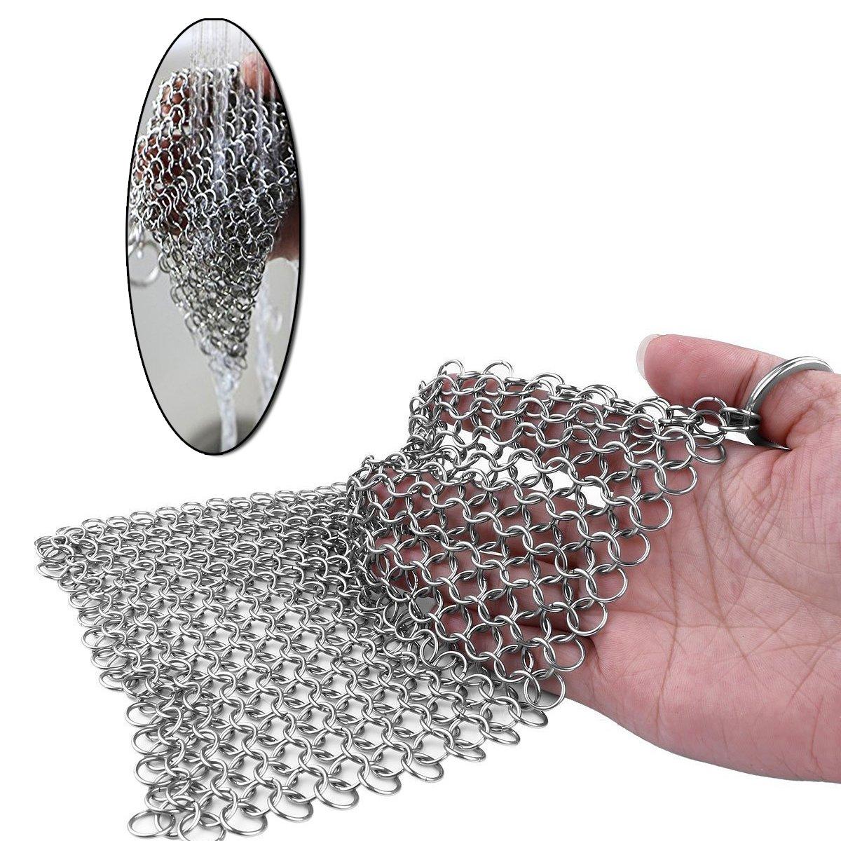Cast Iron Scrubber 316 Stainless Steel Skillet Cleaner 8"x6" Chainmail Scrubber Scraper Chain Mail Link Scrub for Cast Iron Pre-Seasoned Pans, Griddles, BBQ Grills, and Pot Cookware Cleaning